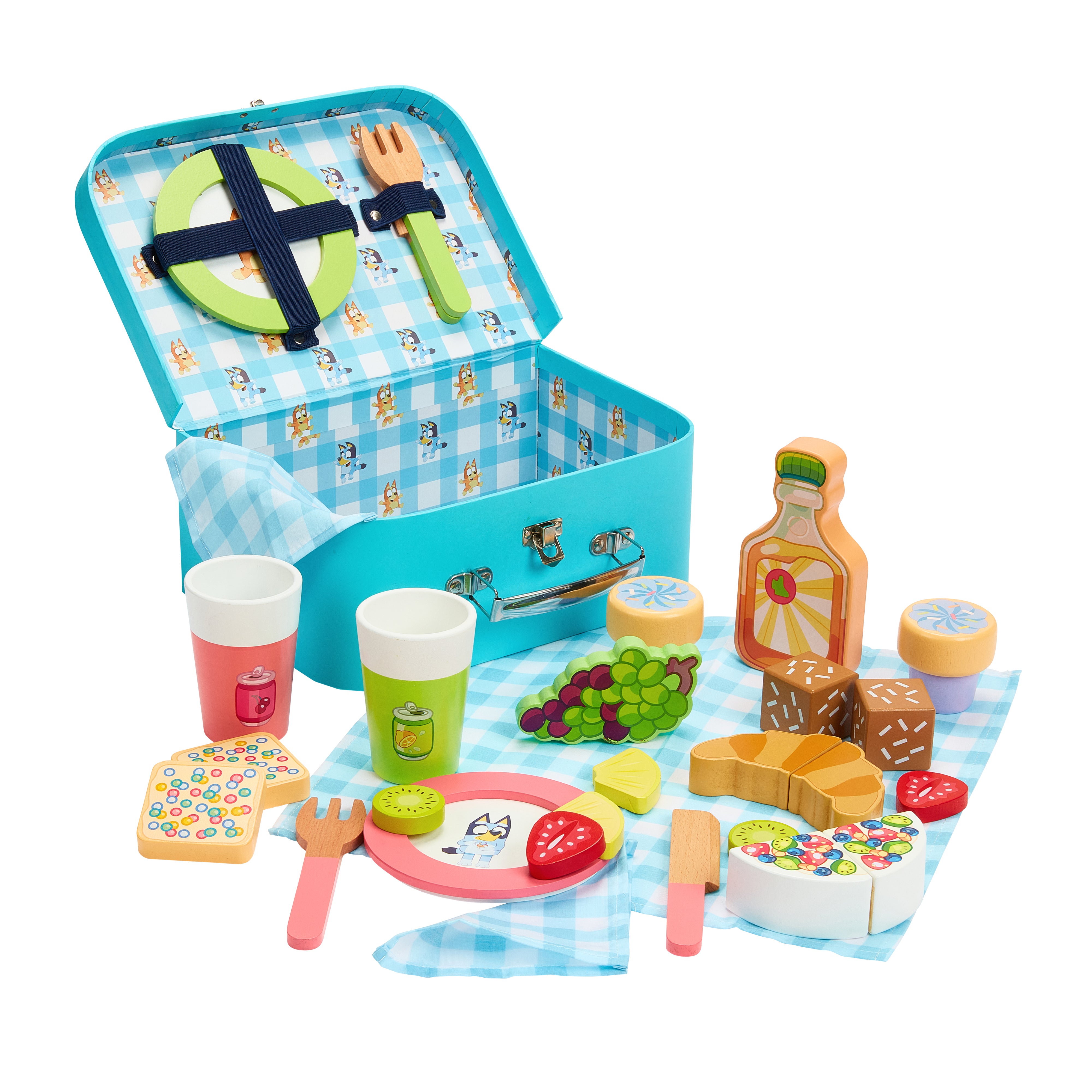 Toy picnic set with a blue suitcase, food items, and drinks on a white background