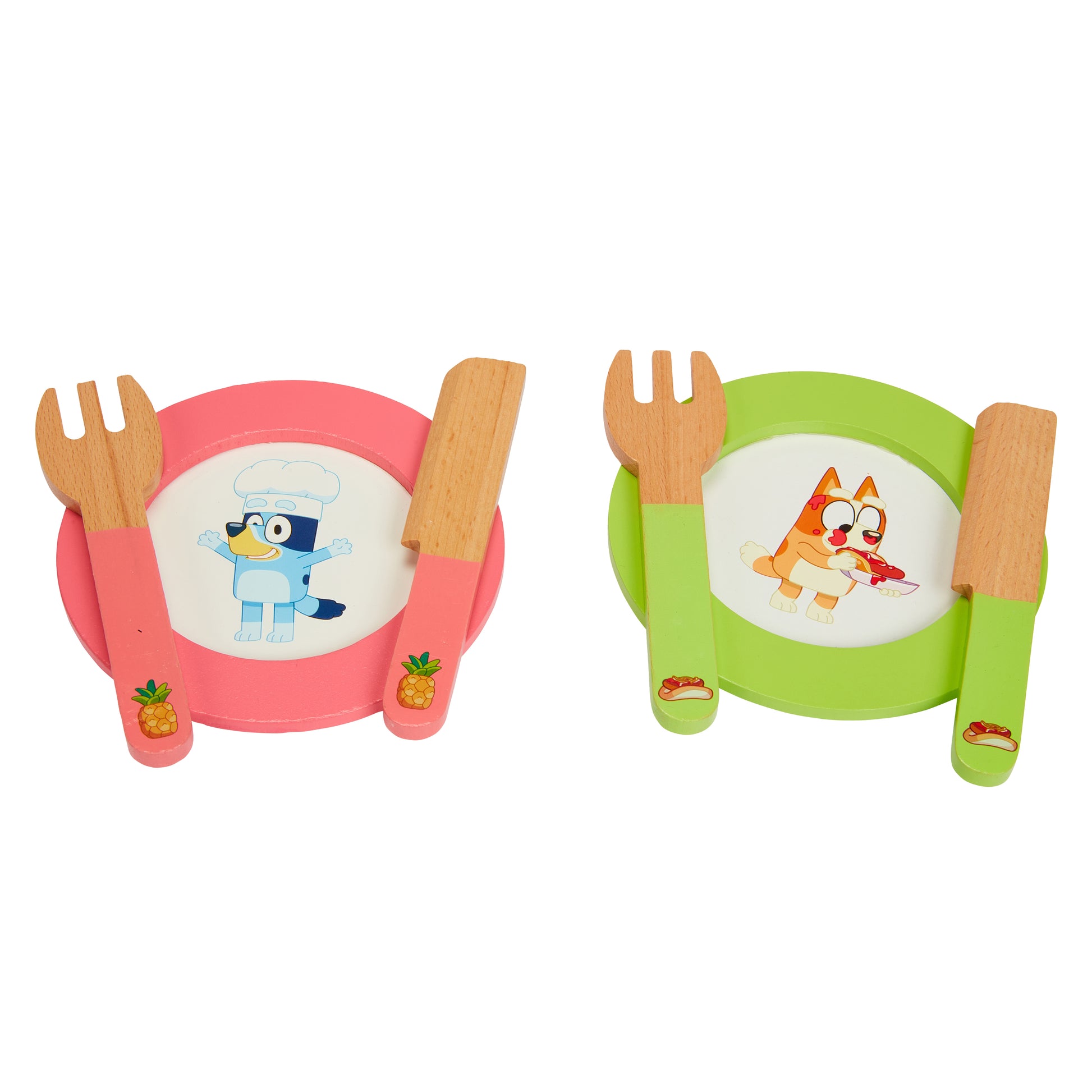 Two sets of children's cutlery with cartoon characters on a white background