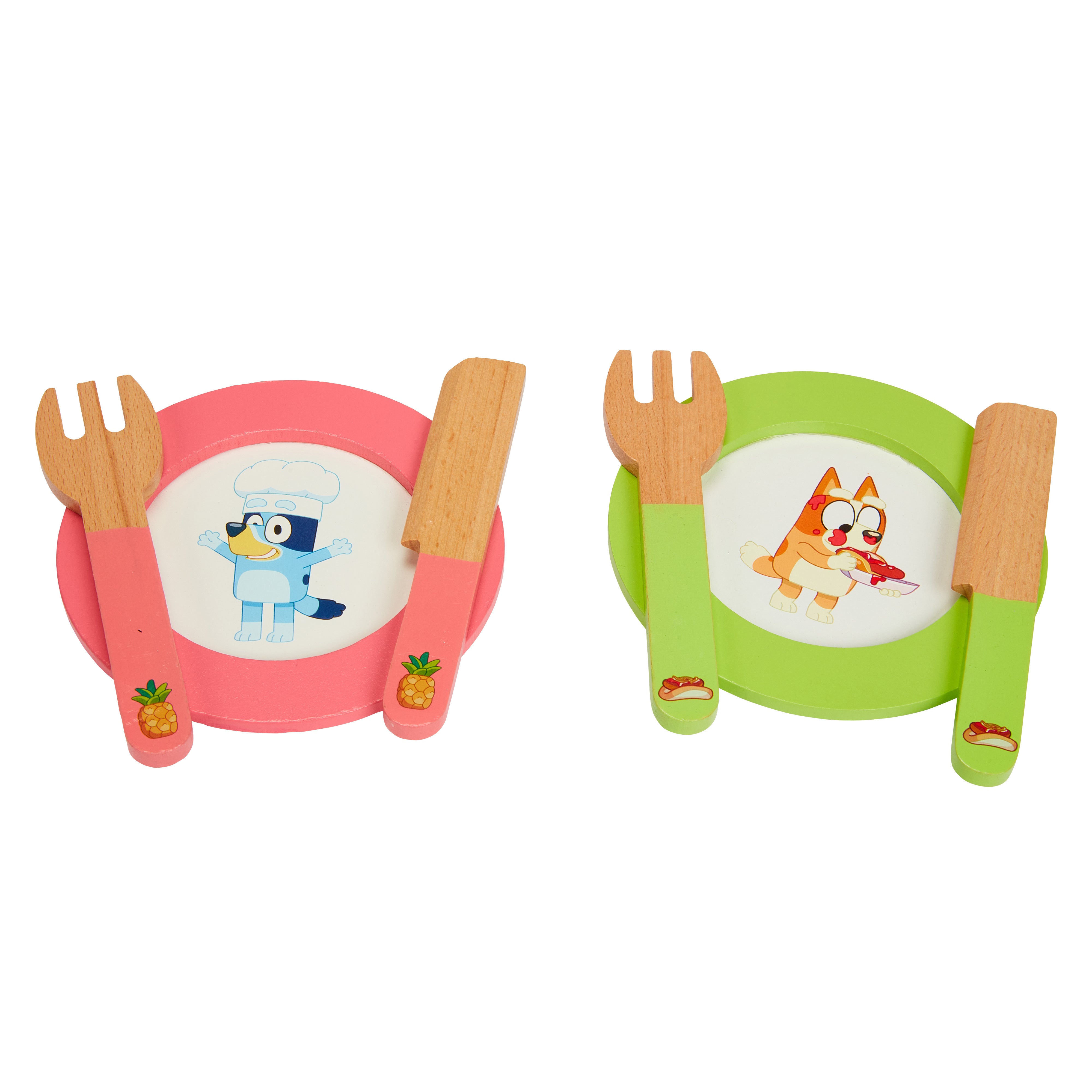 Two sets of children's cutlery with cartoon characters on a white background
