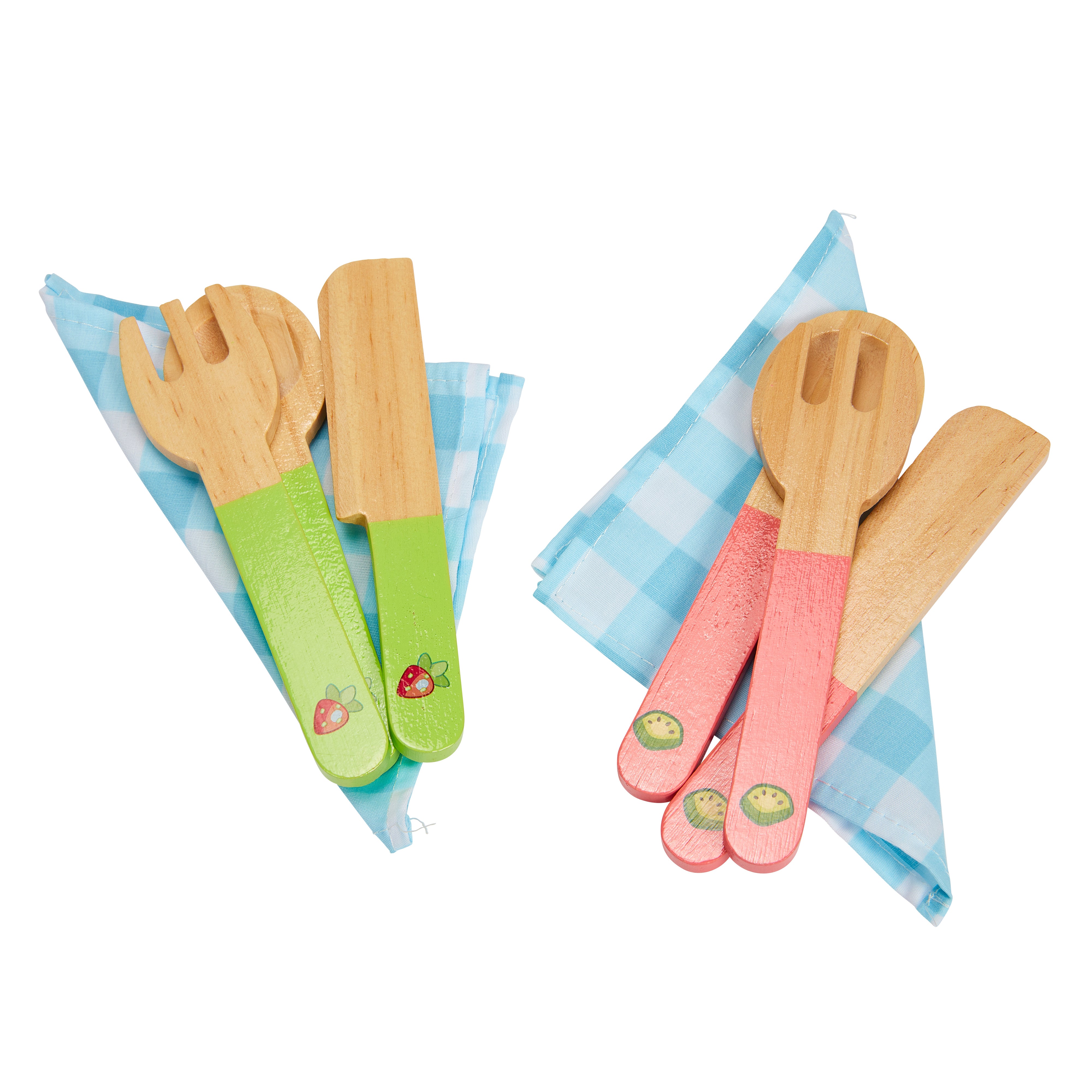 Set of wooden utensils with colorful handles on a checkered cloth