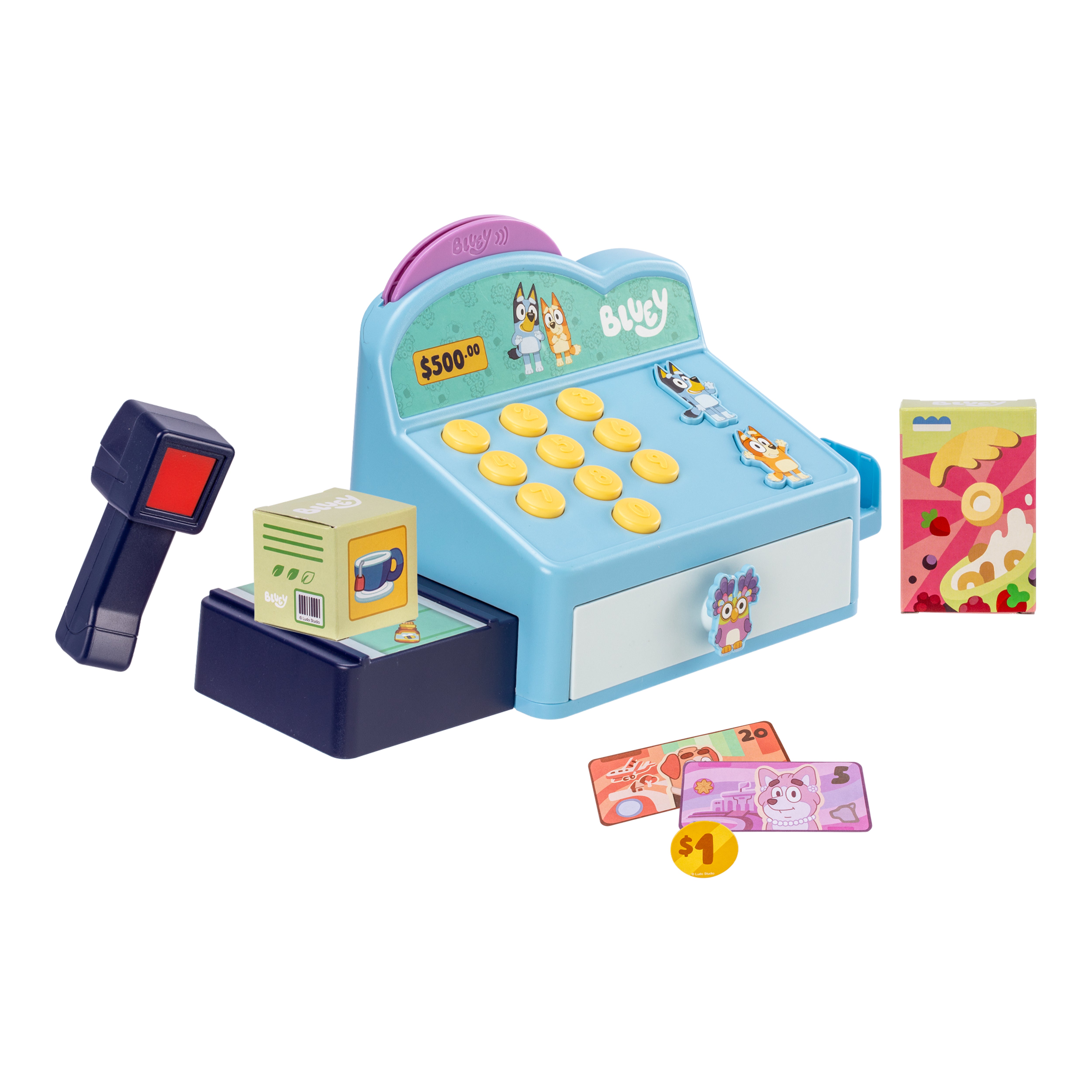 Bluey Cash Register with scanner, products and money