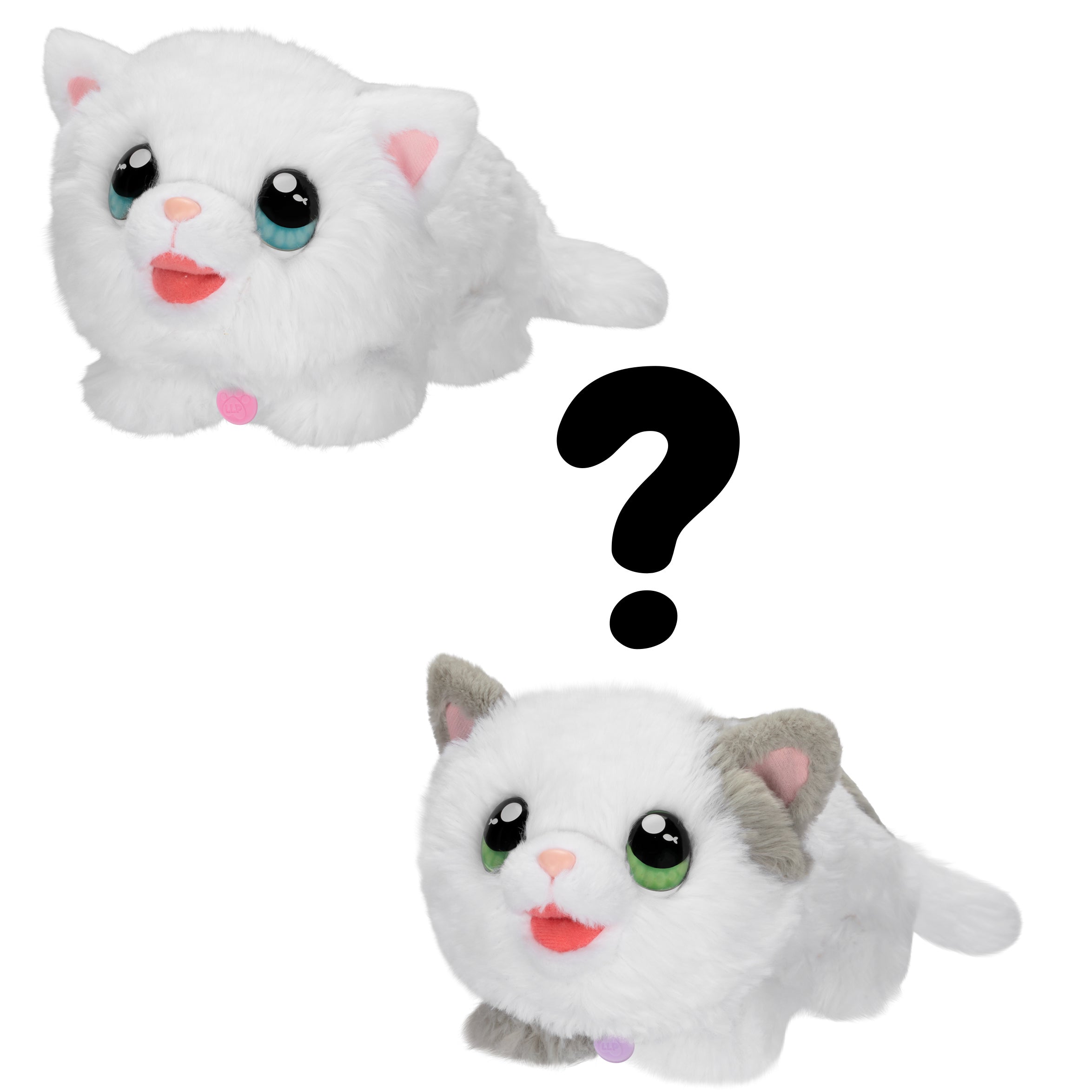 Two plush cat toys with a question mark above them on a white background