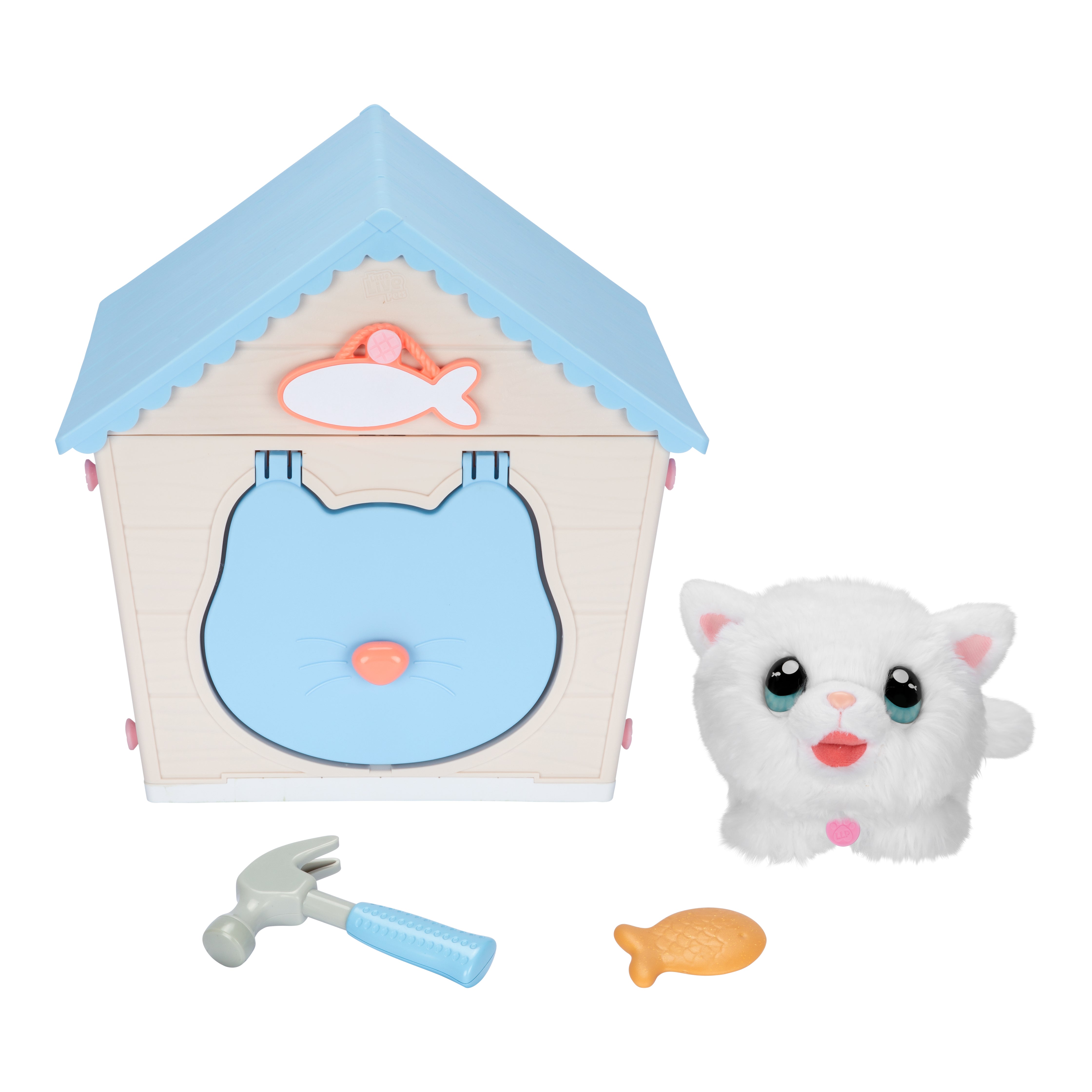 Toy cat with a fishing house, fish, and hammer on a white background