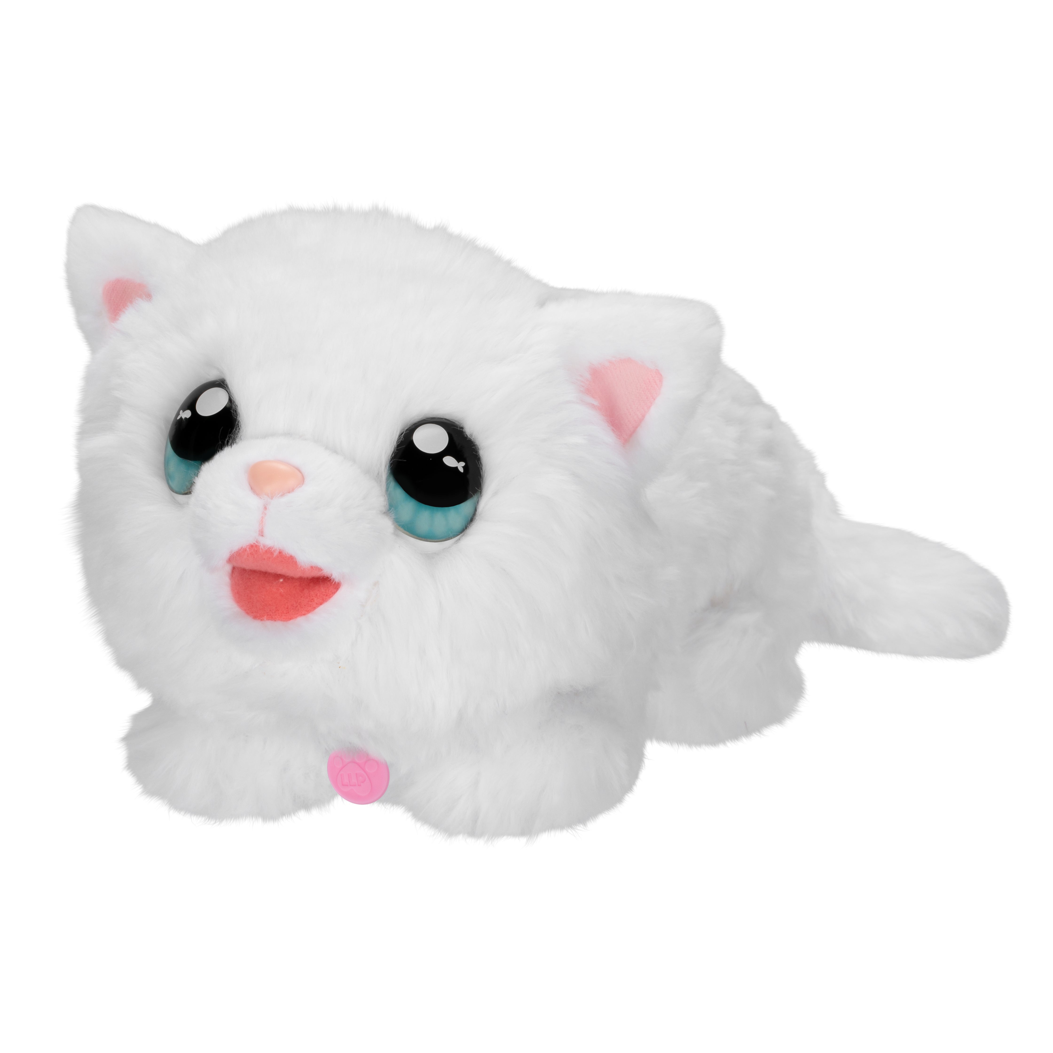 White plush cat toy with black eyes and pink accents on a white background