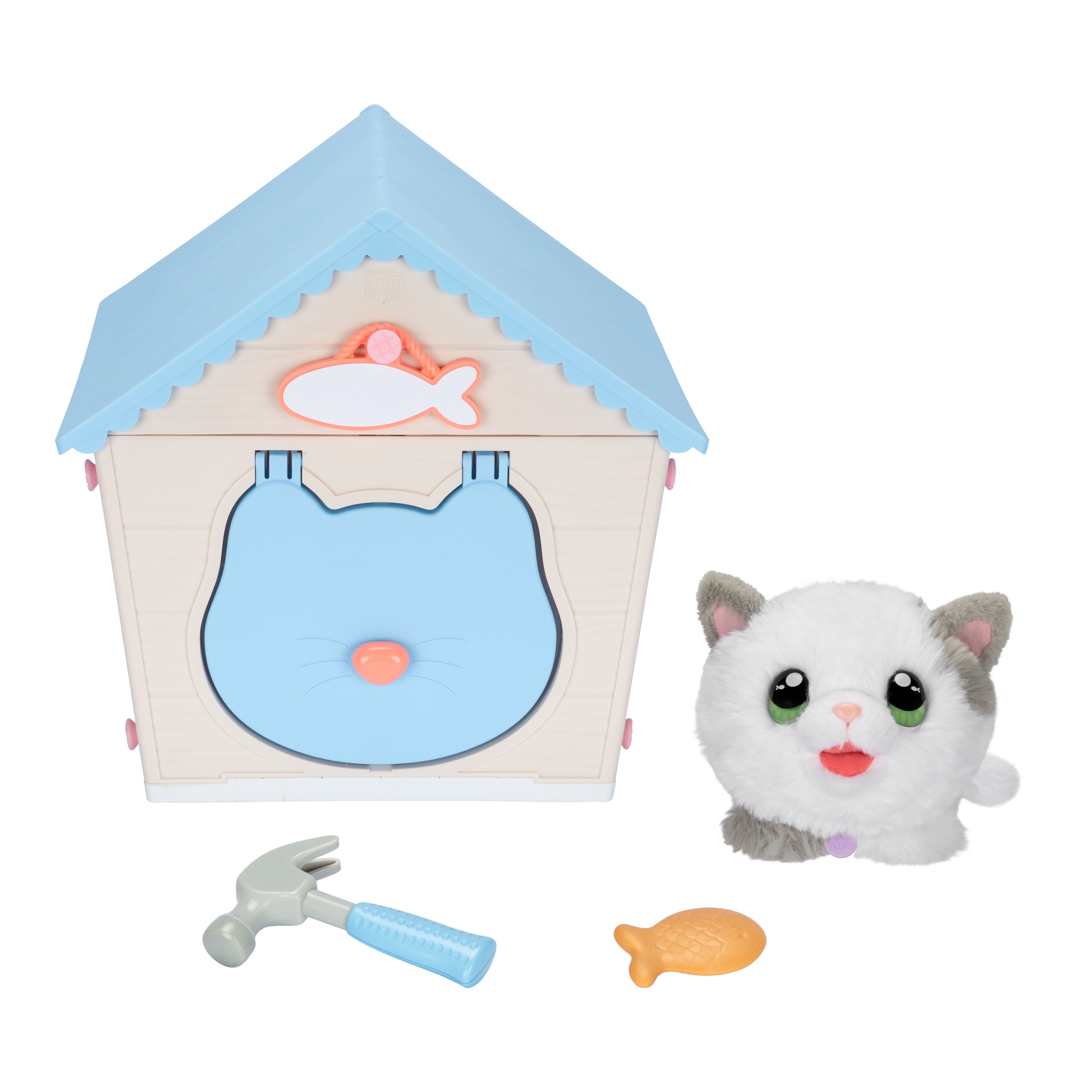 Toy cat with a fishing house, fish, and hammer on a white background