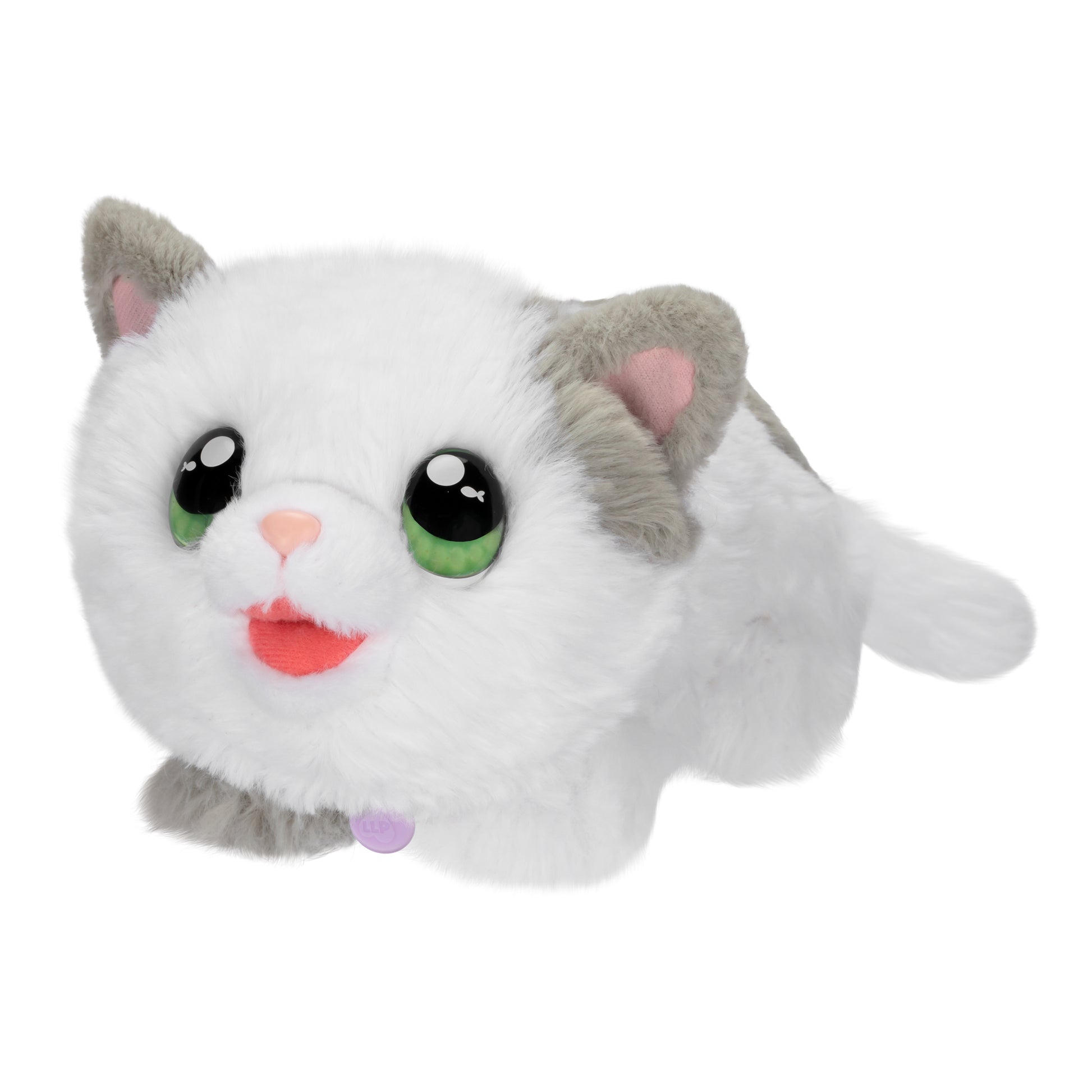 Plush toy cat with green eyes and gray ears on a white background