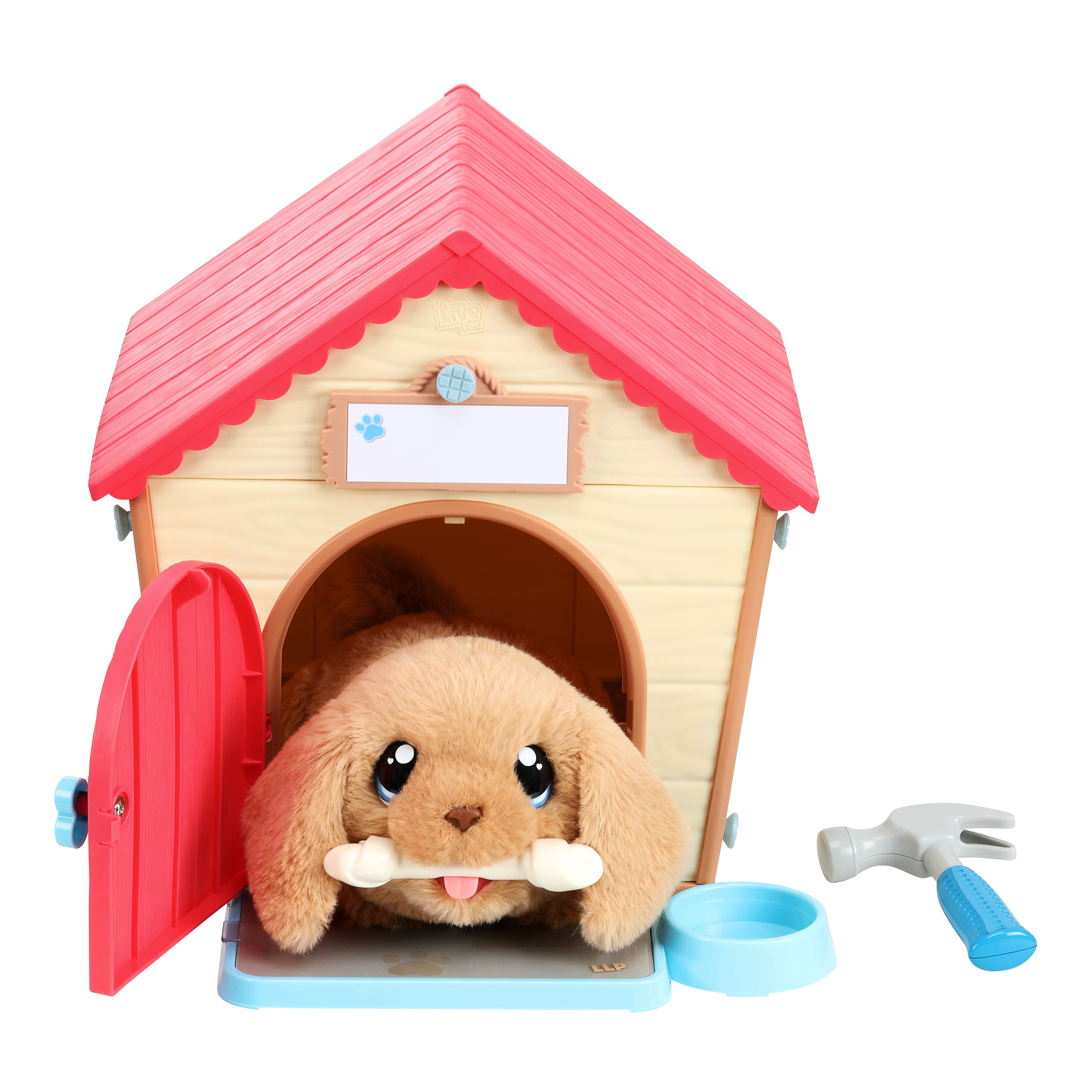 Toy doghouse with a plush bunny inside, a blue bowl, and a hammer on a white background
