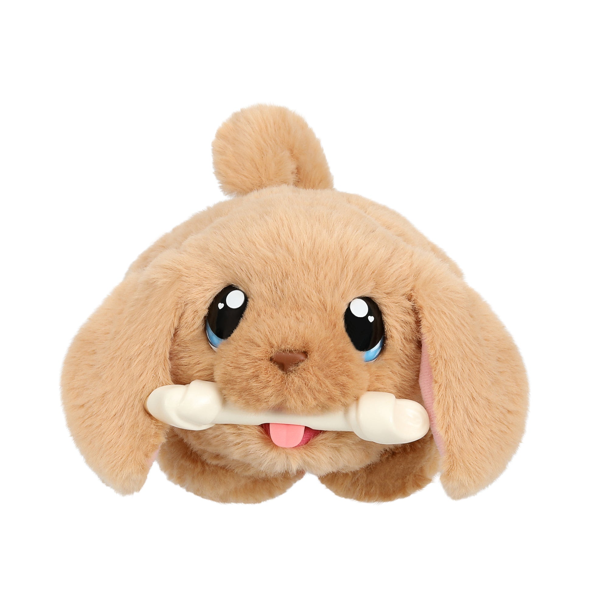 Plush toy dog with a bone in its mouth on a white background