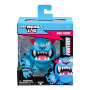 Blue vinyl figure packaging with 'Mr Beast Lab' branding on a white background