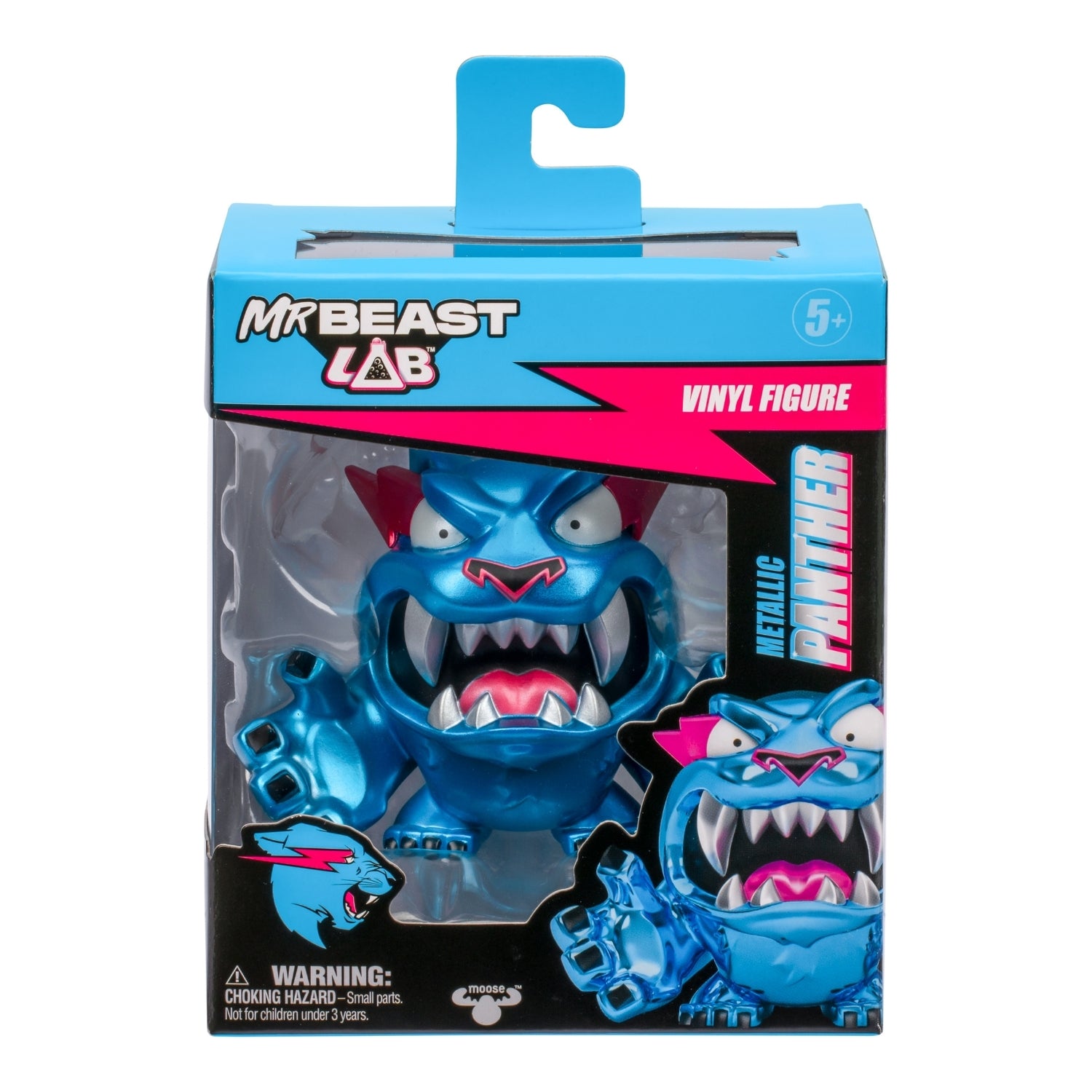 Blue vinyl figure packaging with 'Mr Beast Lab' branding on a white background