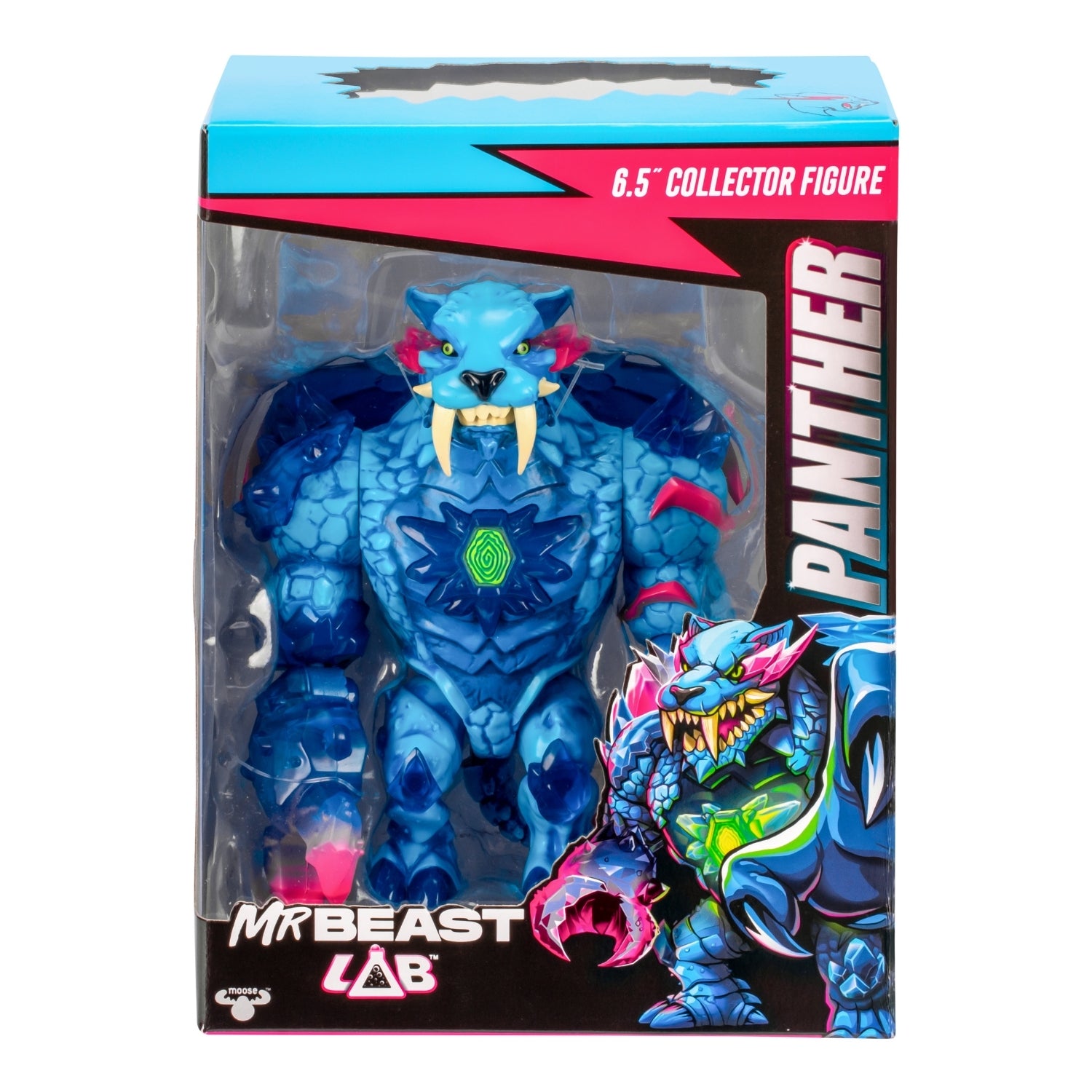 Blue panther figure in packaging with 'MrBeast Lab' branding