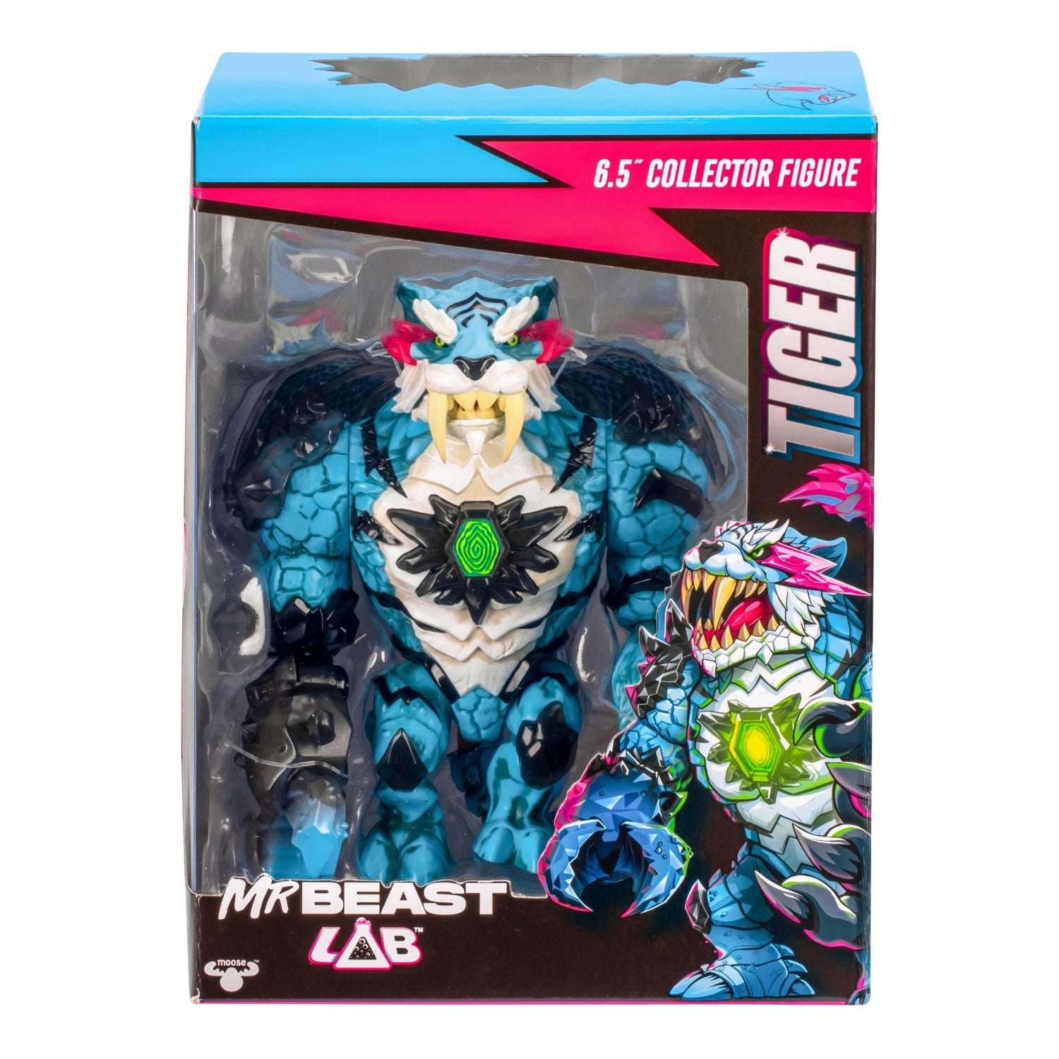 Toy figure of a tiger in packaging with 'MrBeast Lab' branding