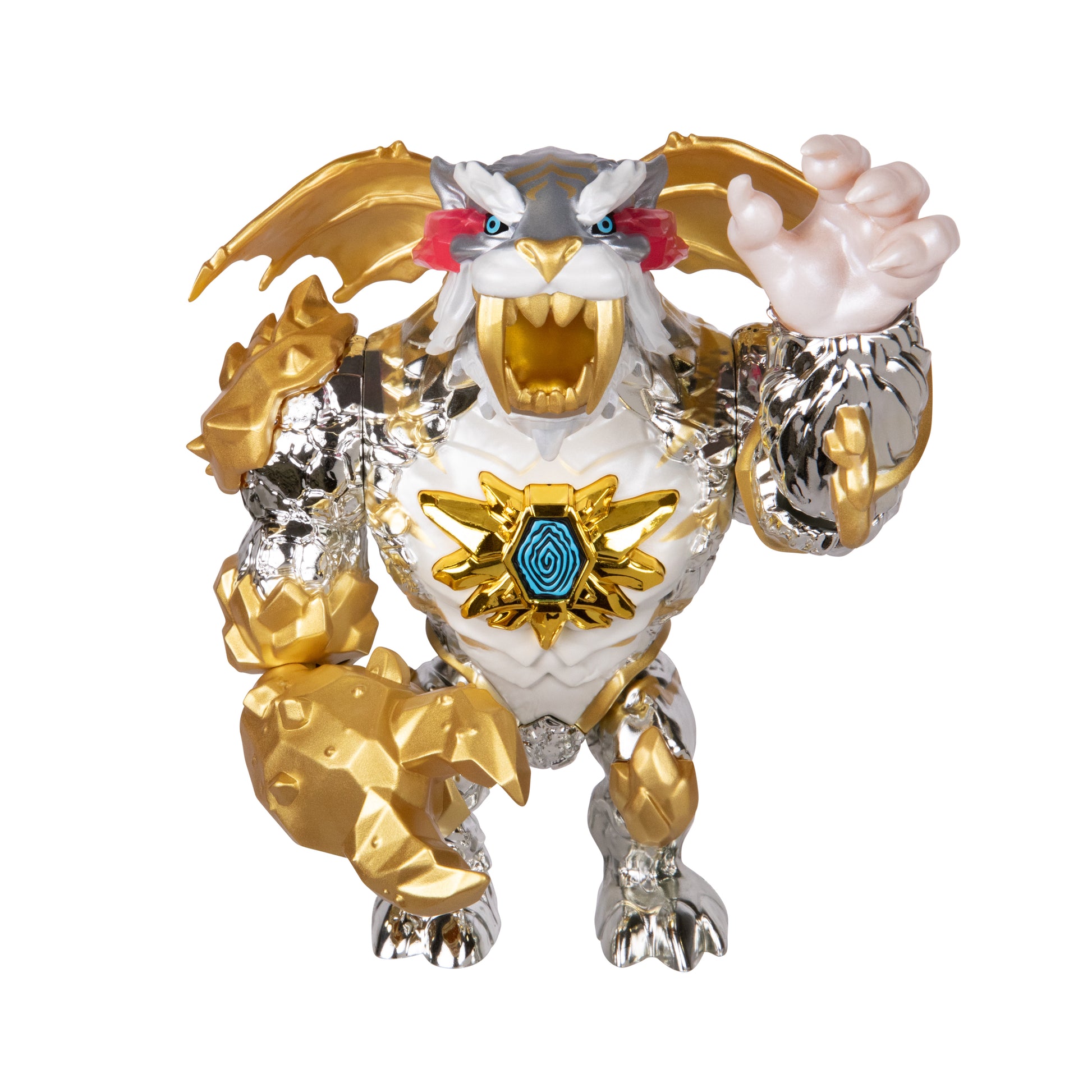 Toy figure with gold, silver, and white colors on a white background