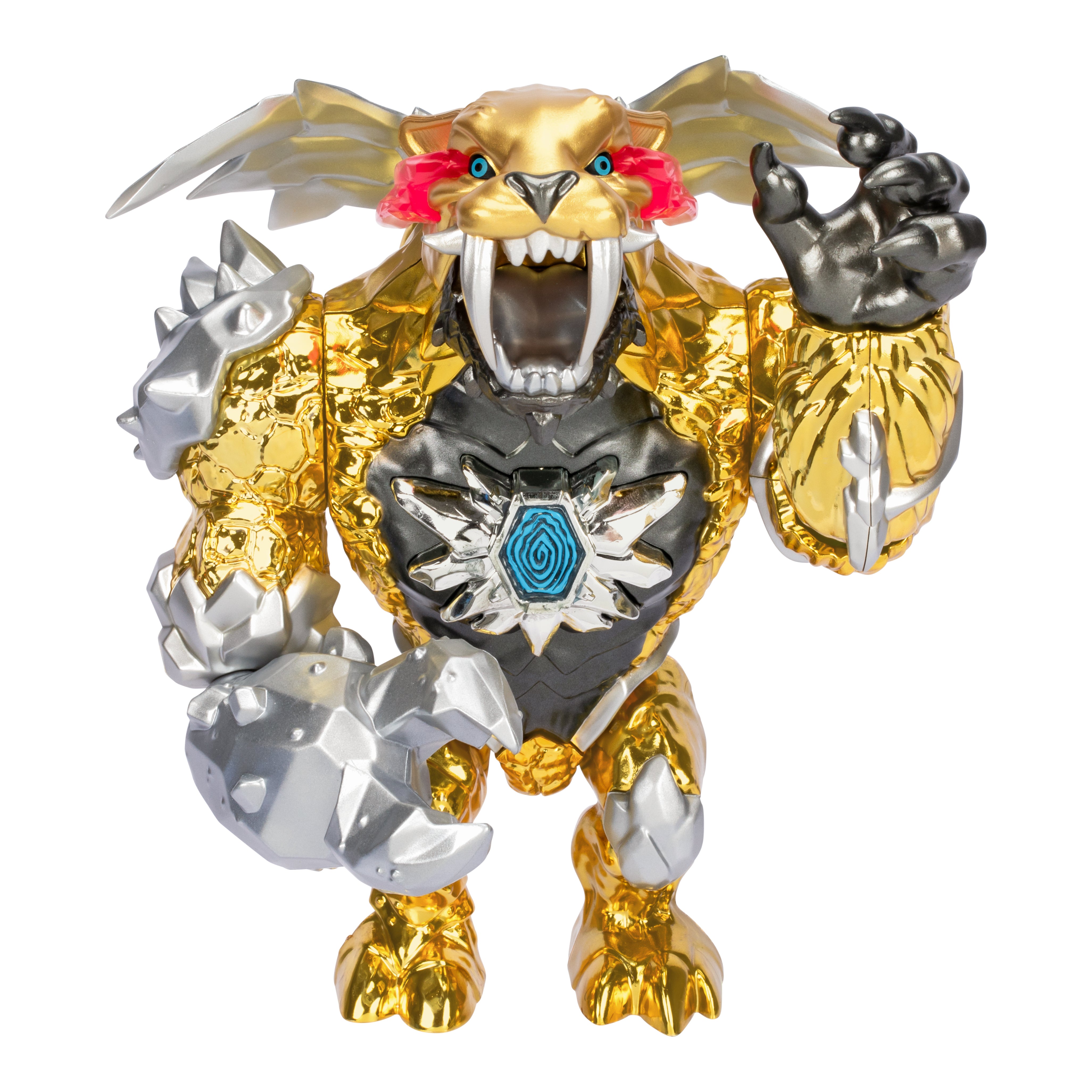 Toy figure with gold, silver, and black colors on a white background