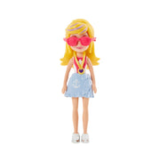 The Mattel Small Polly Pocket Doll features blonde hair, pink sunglasses, a pink top, light blue skirt with a white anchor, white shoes, and two medals on pink ribbons—ideal for imaginative play.