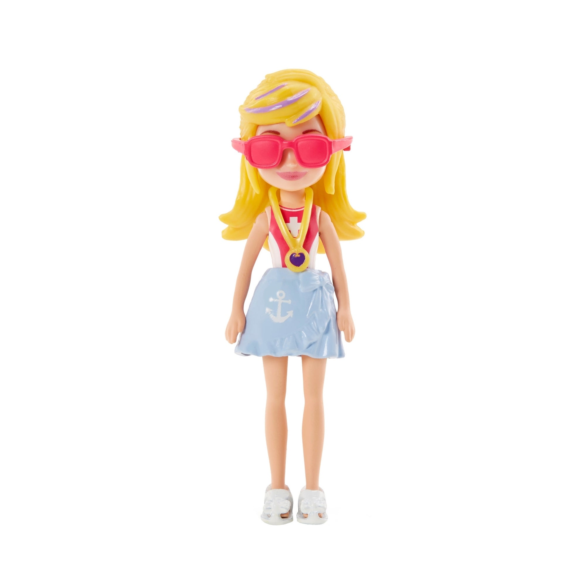 The Mattel Small Polly Pocket Doll features blonde hair, pink sunglasses, a pink top, light blue skirt with a white anchor, white shoes, and two medals on pink ribbons—ideal for imaginative play.