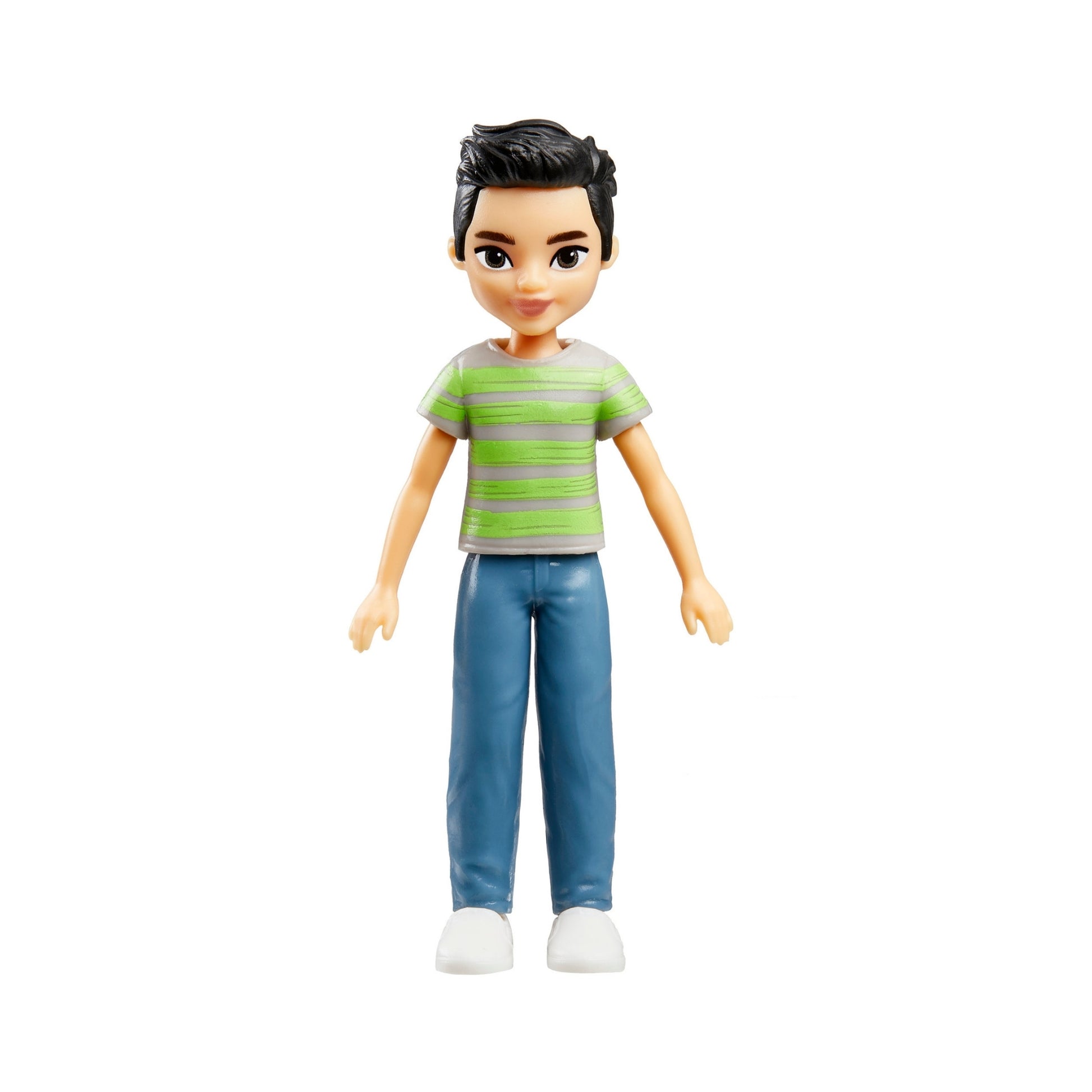 The Mattel Small Polly Pocket Doll features short black hair, a green and gray striped T-shirt, blue pants, and white shoes—an ideal compact toy for imaginative play, shown standing against a white background.