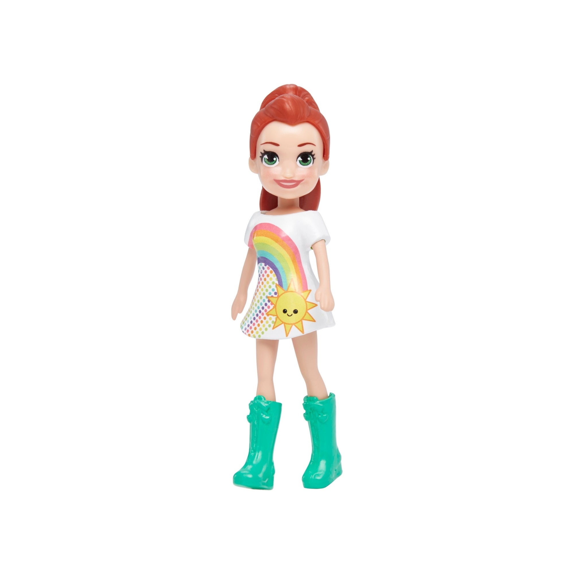 The Mattel Small Polly Pocket Doll features long red hair, a white dress with rainbow and sun designs, and teal boots—perfect for imaginative play and shown against a plain white background.