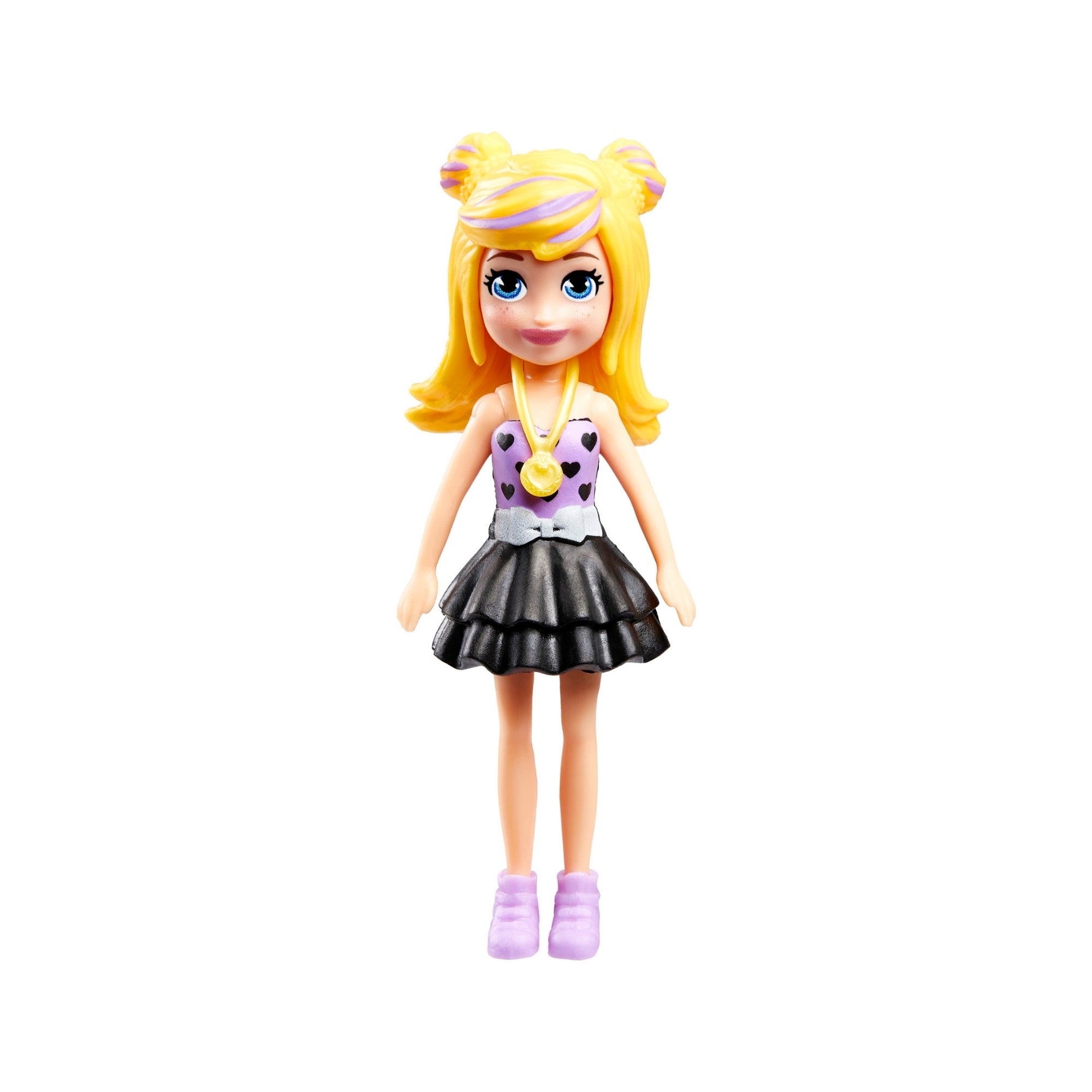 The Mattel Small Polly Pocket Doll features long blonde hair, a lavender heart top, black skirt, gold necklace, and purple shoes—perfect for imaginative play—displayed against a white background.