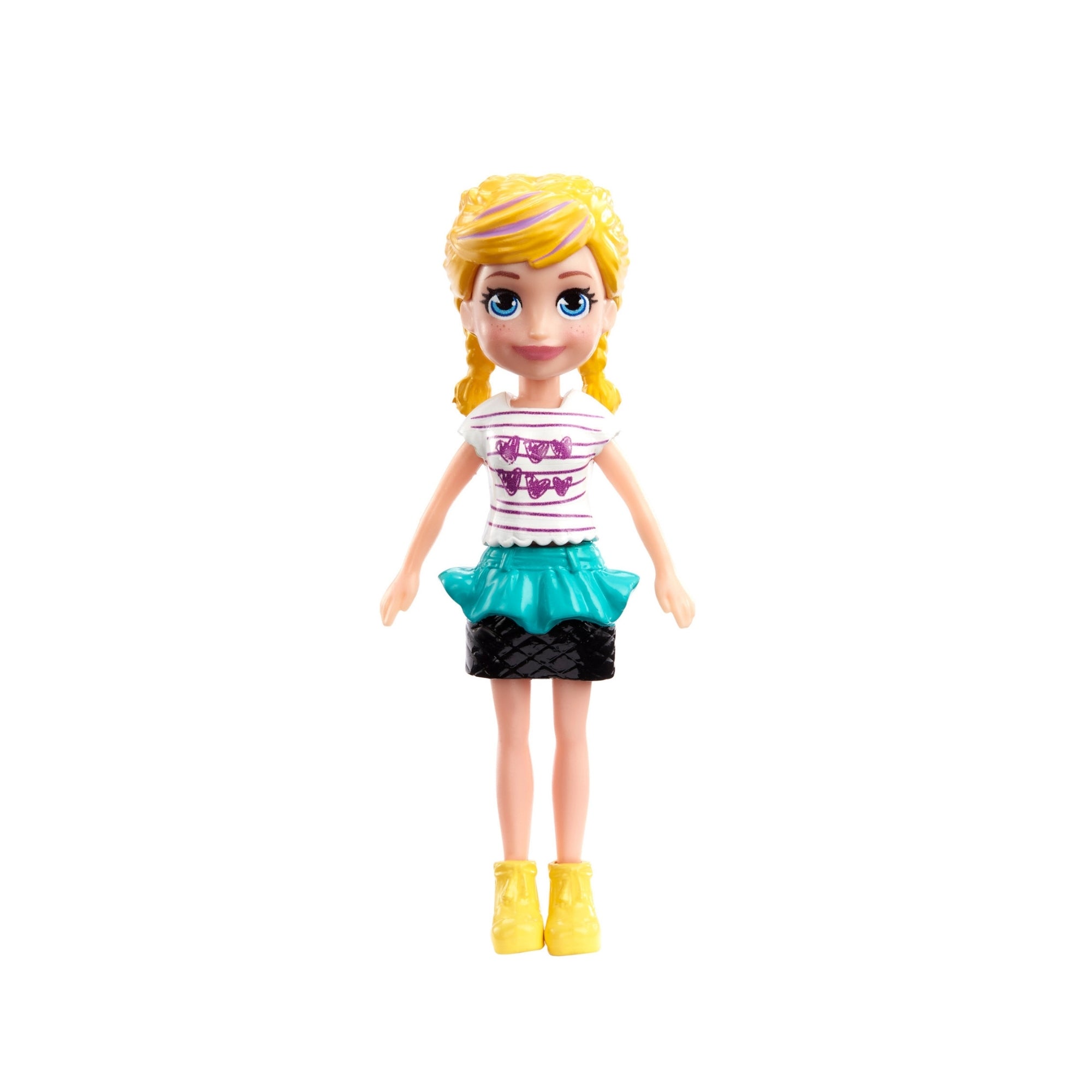 The Mattel Small Polly Pocket Doll features blonde hair, blue eyes, a white shirt with purple designs, a teal skirt with black trim, and yellow shoes—perfect for imaginative play and able to stand upright on a white background.