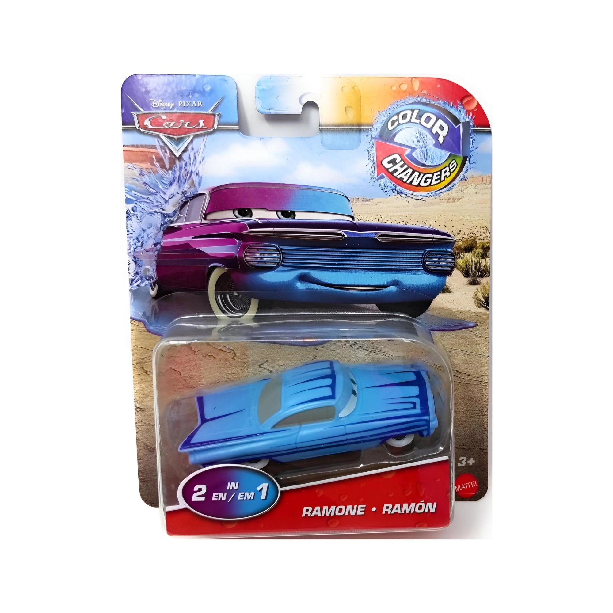 A packaged Mattel Cars Color Changers toy featuring Ramone in blue with purple details, displayed in a clear plastic case with artwork showing his color transformation.
