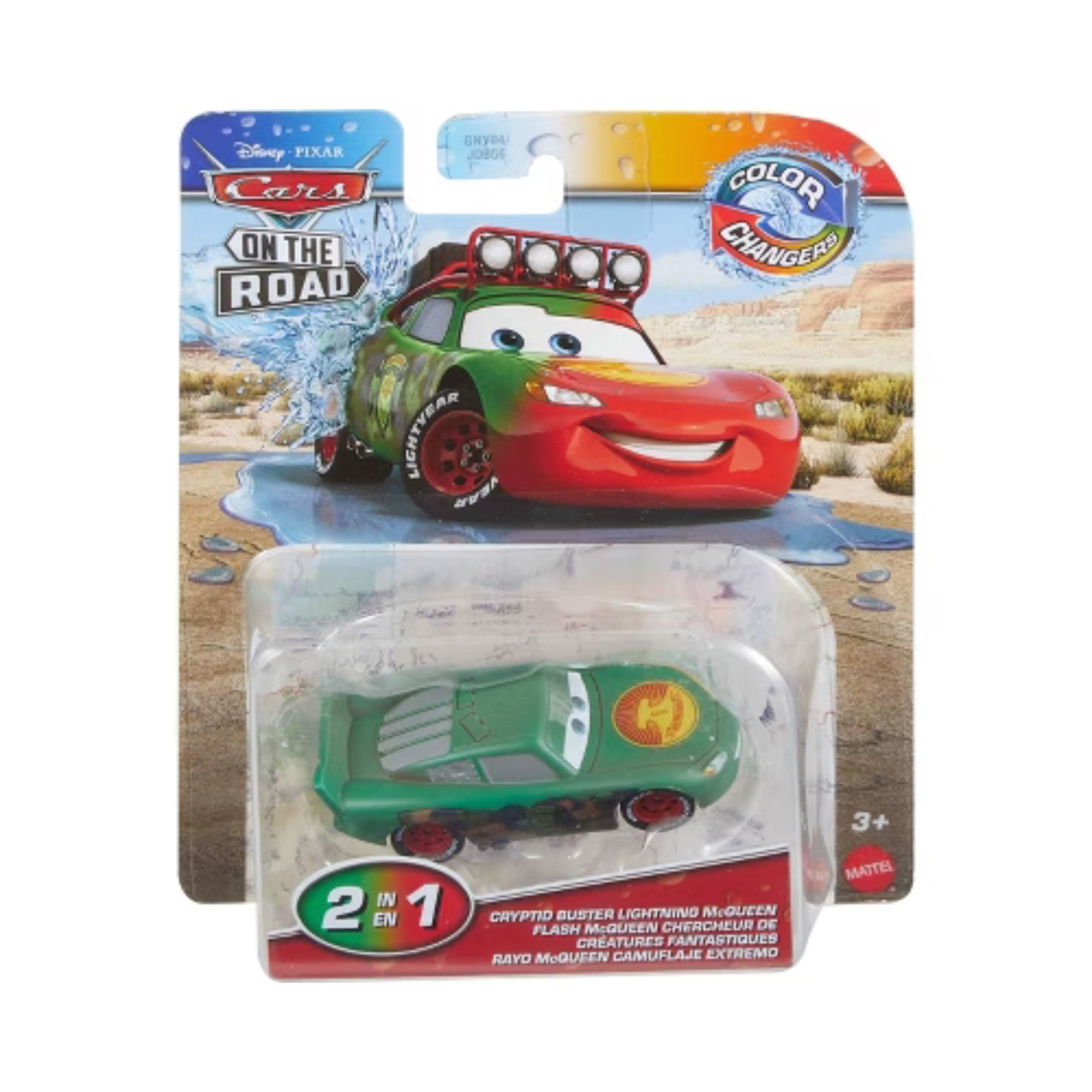 Mattel Cars Color Changers: Green Cryptid Buster Lightning McQueen, from the On The Road series. Color-changing toy for ages 3+, Disney Pixar Cars themed.