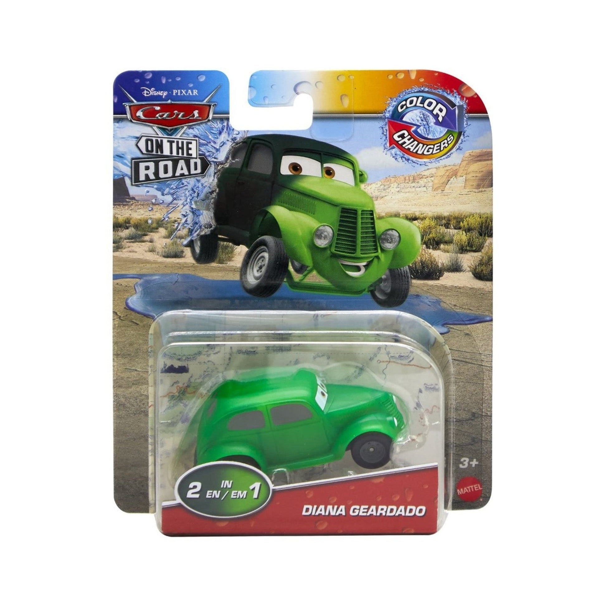 The Mattel Cars Color Changers Diana Geardo toy car appears in green, features color-changing action, and comes in a vibrant blister pack with a Color Changers label—perfect for any Cars collection!.