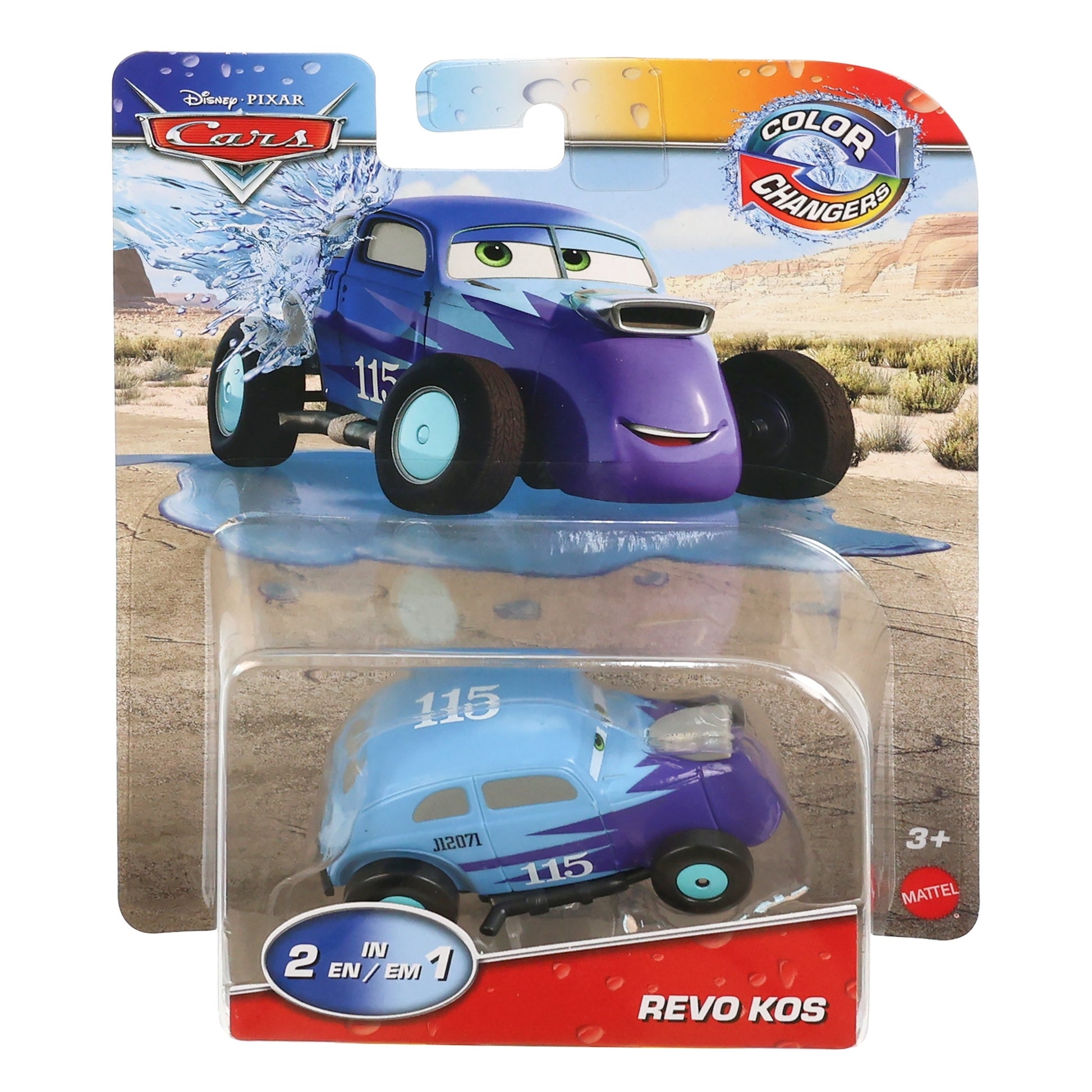 The Mattel Cars Color Changers Revo Kos toy car shifts from blue to purple, comes in a clear box with animated artwork of the car splashing through water, and is suitable for ages 3 and up.