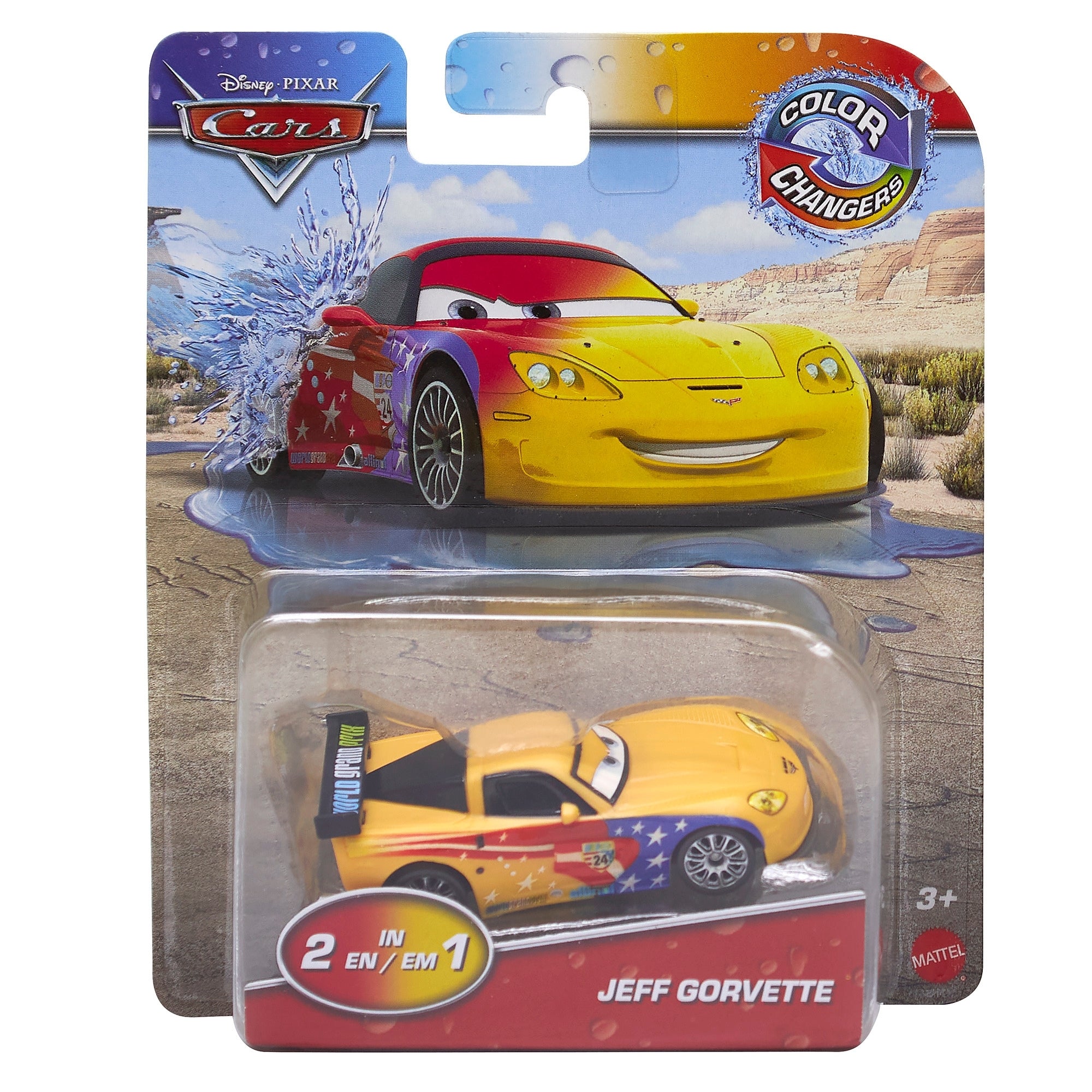 The image displays a Mattel Cars Color Changers Jeff Gorvette toy, a yellow car with red and blue stars that changes color. The packaging showcases the character's illustration and indicates it's suitable for ages 3 and up.