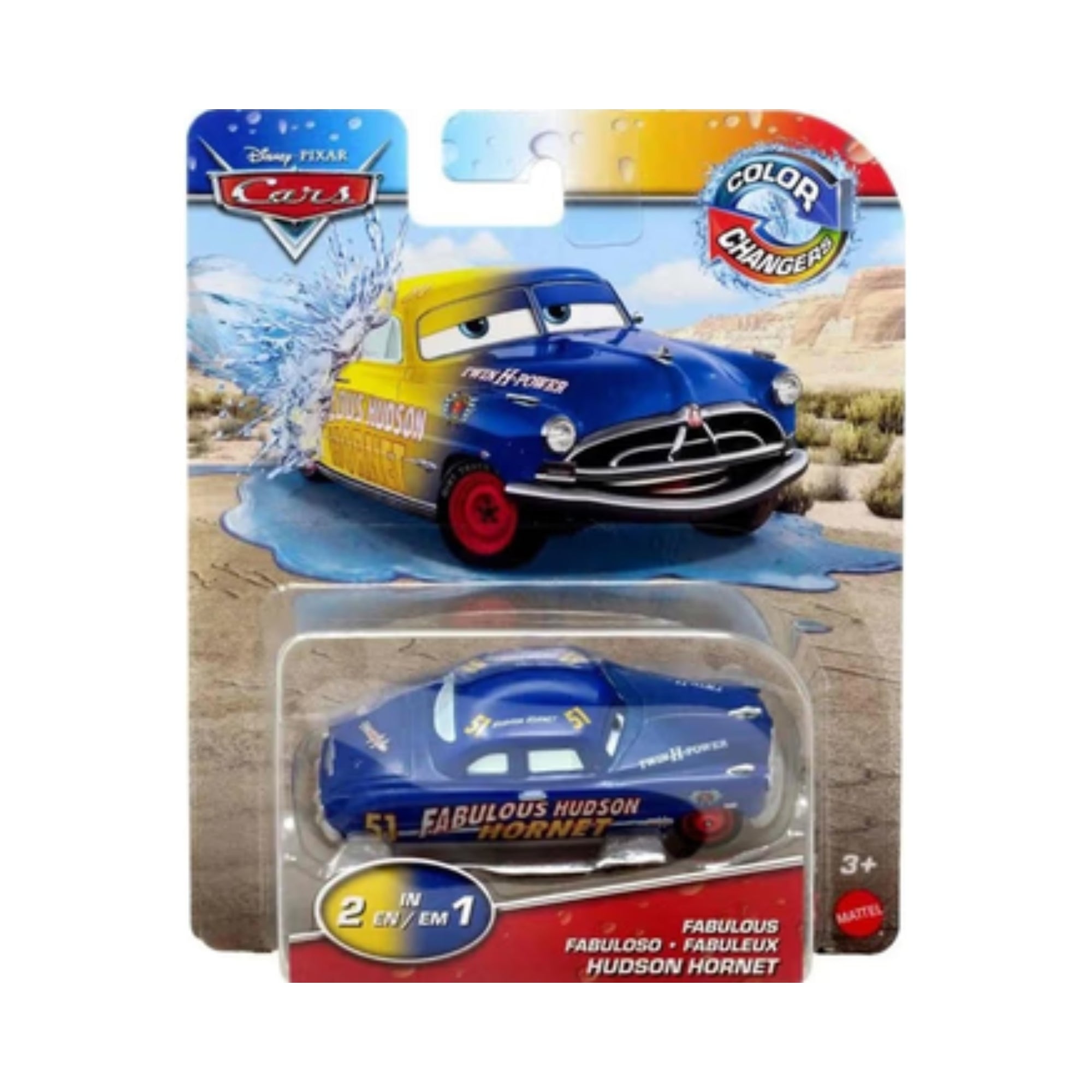 The Mattel Cars Color Changers “Fabulous Hudson Hornet” toy features blue and yellow colors, transforms with water, and is shown driving through water on the packaging. Designed for ages 3 and up.