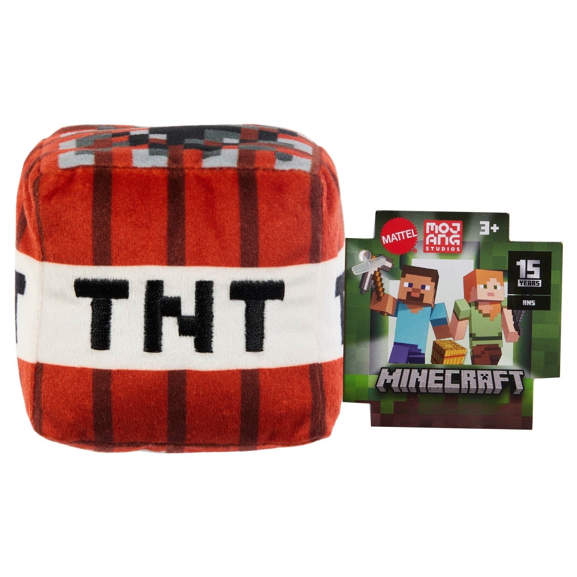 The Mattel Minecraft Basic Block Plushie sits beside a tag featuring Minecraft characters, the Mattel logo, and the Mojang Studios logo—making it a fun toy for ages 3 and up.
