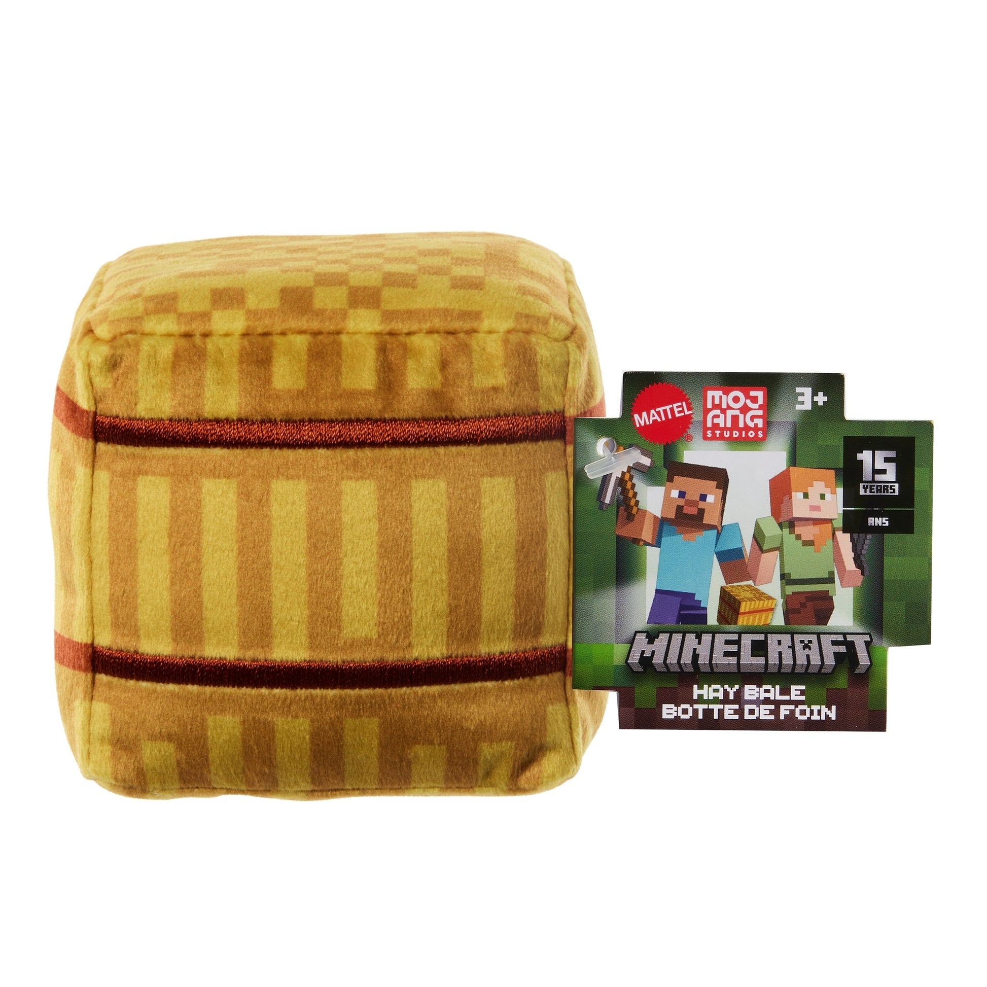 The Mattel Minecraft Basic Block Plushie, shaped like a hay bale, is shown beside its packaging with Minecraft characters and logos. Suitable for ages 3+, it’s part of the official Mattel plush Minecraft toys collection.