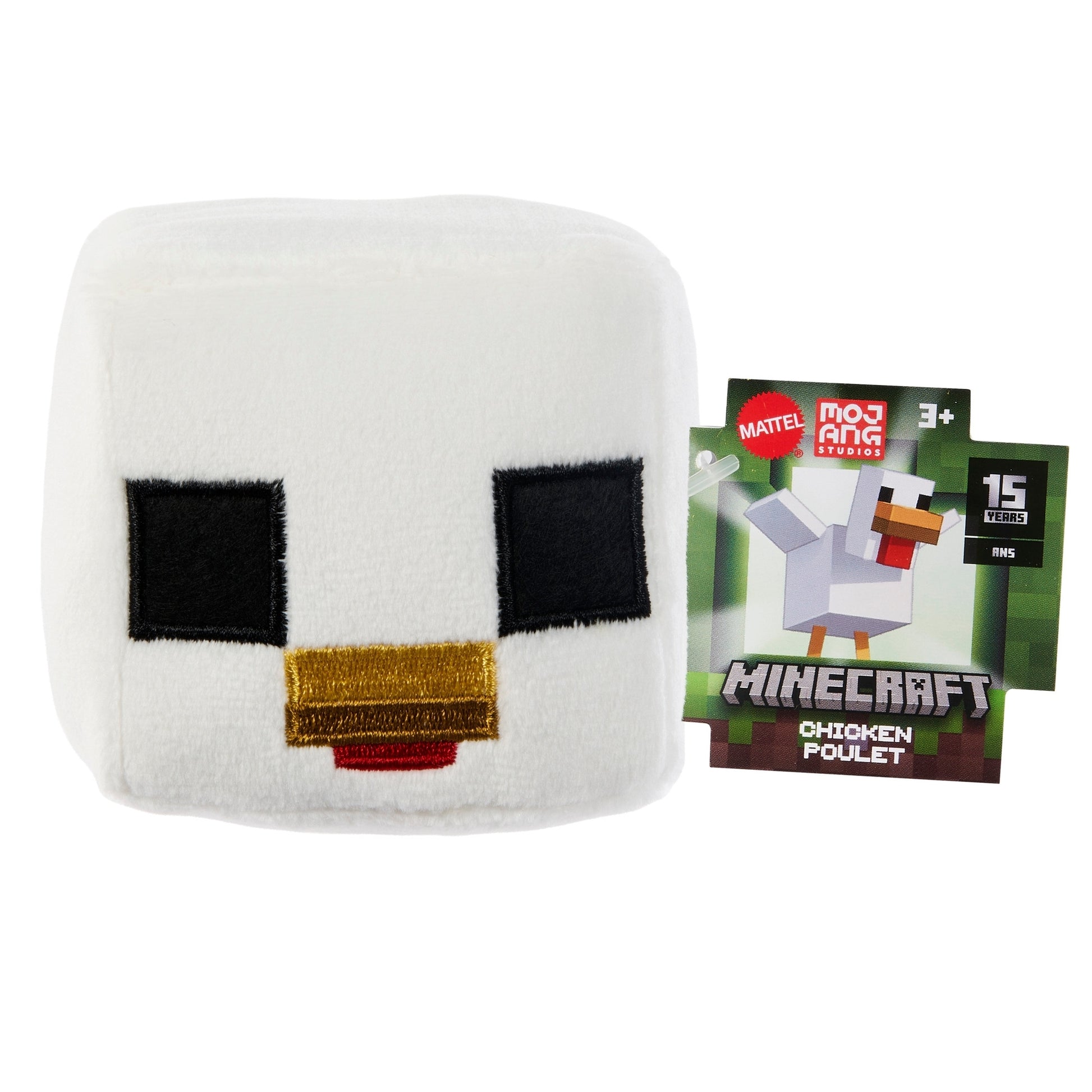 The Mattel Minecraft Basic Block Plushie is a soft toy shaped like a Minecraft chicken head, featuring square black eyes, a yellow beak, red wattle, and a Minecraft tag—perfect for fans and collectors alike.
