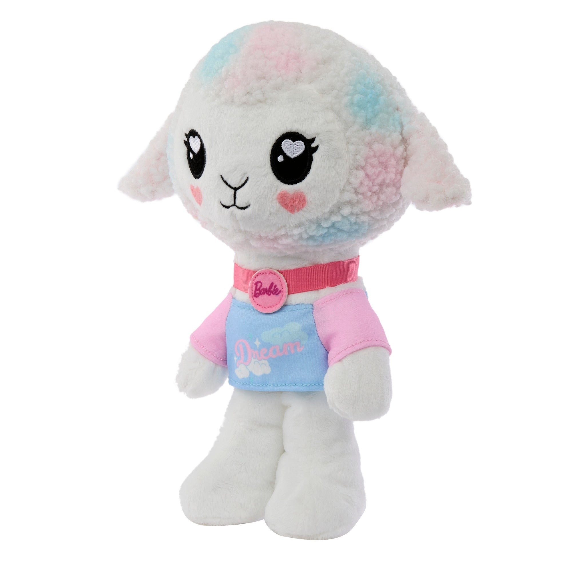 The Mattel Barbie Cutie Reveal Plushie is a cuddly lamb with white fur, pastel patches, big black eyes, and a pink collar labeled Barbie. It wears a blue and pink shirt with "Dream"—perfect for plush toy fans!.