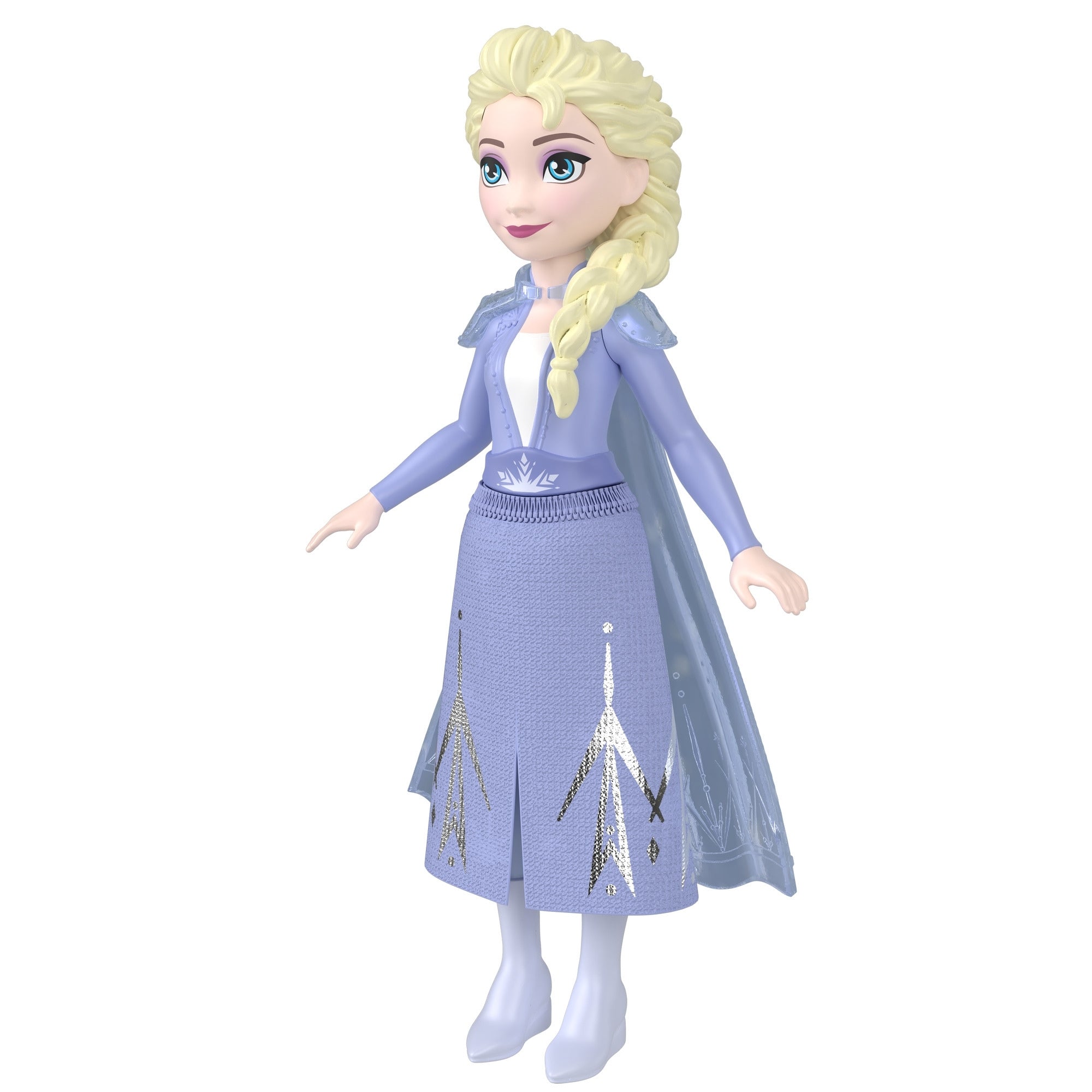 The Mattel Small Frozen Doll features long blonde braided hair, a light blue dress with silver designs, a matching cape, and white boots—ideal for Disney Frozen fans and collectors of Elsa and Anna dolls.