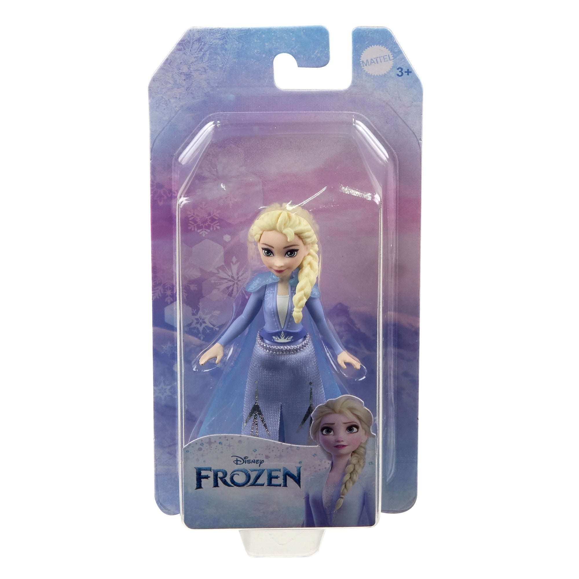 The Mattel Small Frozen Doll features Elsa in a light blue dress with a braided blonde hairstyle. Packaged in winter-themed packaging with Elsa's face, it's labeled for ages 3 and up.