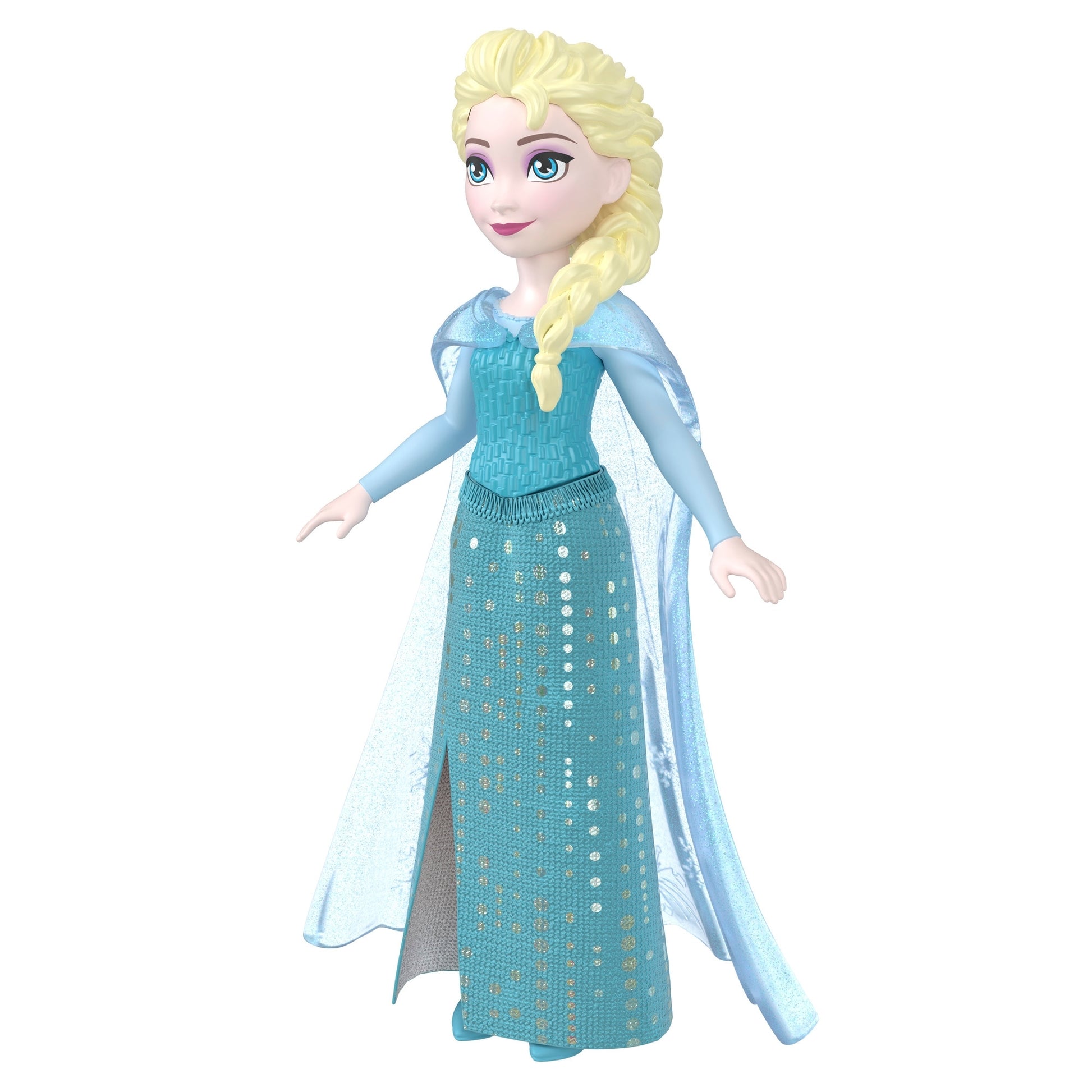The Mattel Small Frozen Doll features pale skin, blonde braided hair, a blue glittery dress, and a translucent cape inspired by Elsa. This doll stands elegantly against a white background.