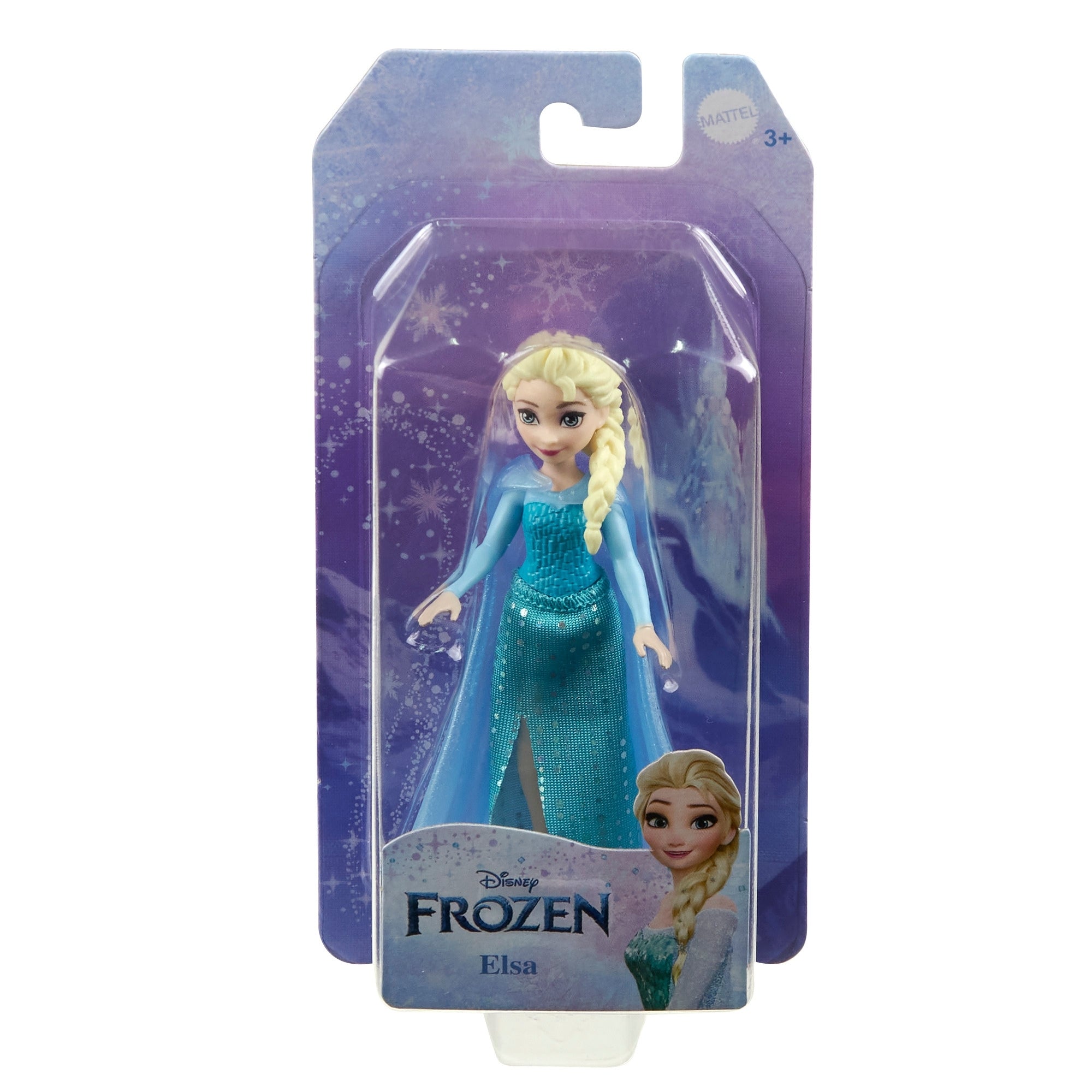 Mattel Small Frozen Doll features Elsa in a blue dress with blonde braid, packaged in a clear plastic case with purple and blue snowflake-themed backing. Part of the Frozen assortment. Recommended for ages 3 and up.
