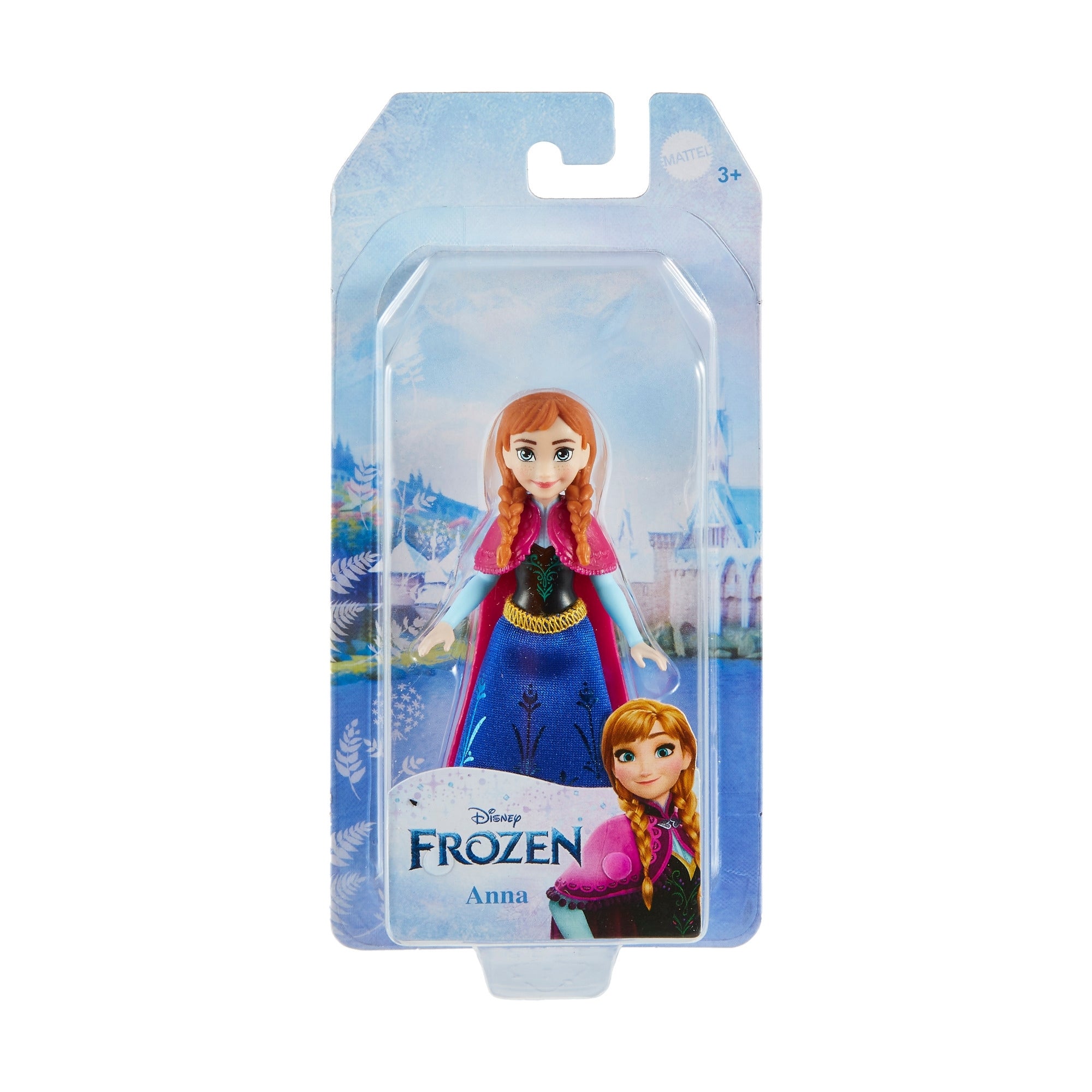 The Mattel Small Frozen Doll features Anna in a blue dress and pink cape, packaged in a clear case with Frozen-themed artwork. Perfect for ages 3 and up!.
