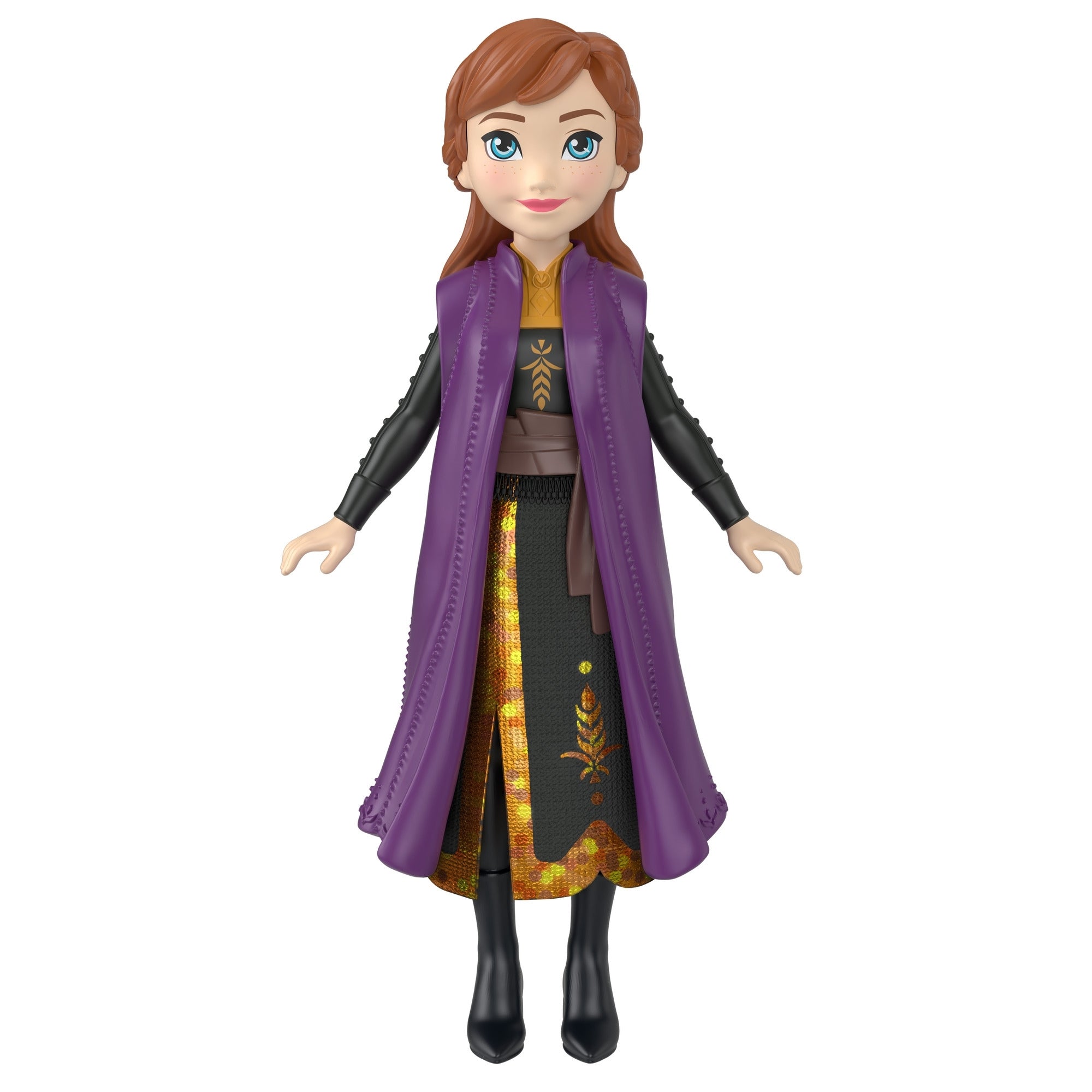 The Mattel Small Frozen Doll features a figure with long red hair, blue eyes, and light skin, dressed in a long purple coat over a dark dress with gold accents and black boots, standing upright against a white background.