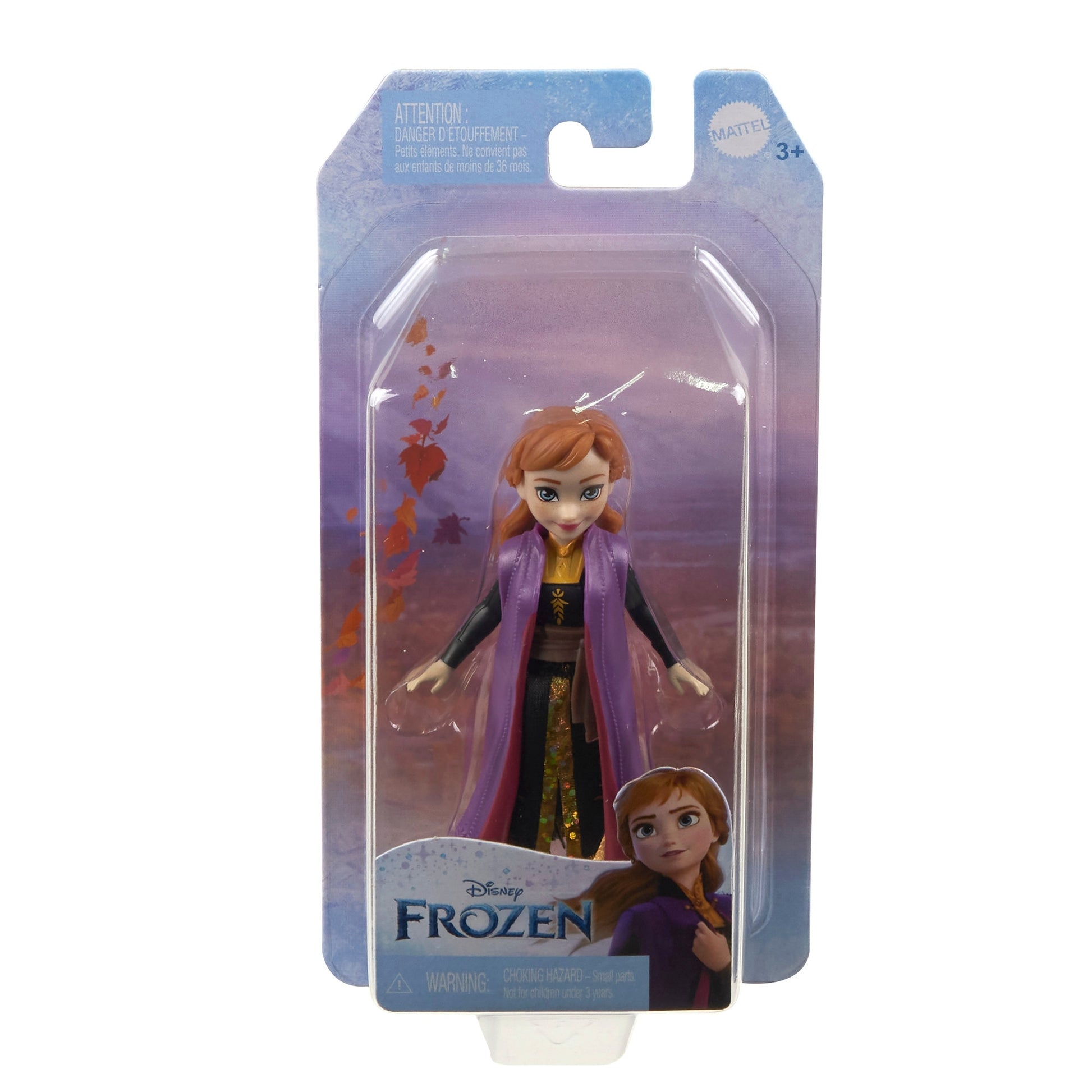 Mattel Small Frozen Doll in a purple dress with cape, packaged in clear plastic and branded backing. Suitable for ages 3+. Anna is shown on the lower right corner of the packaging. Part of the Frozen doll assortment.