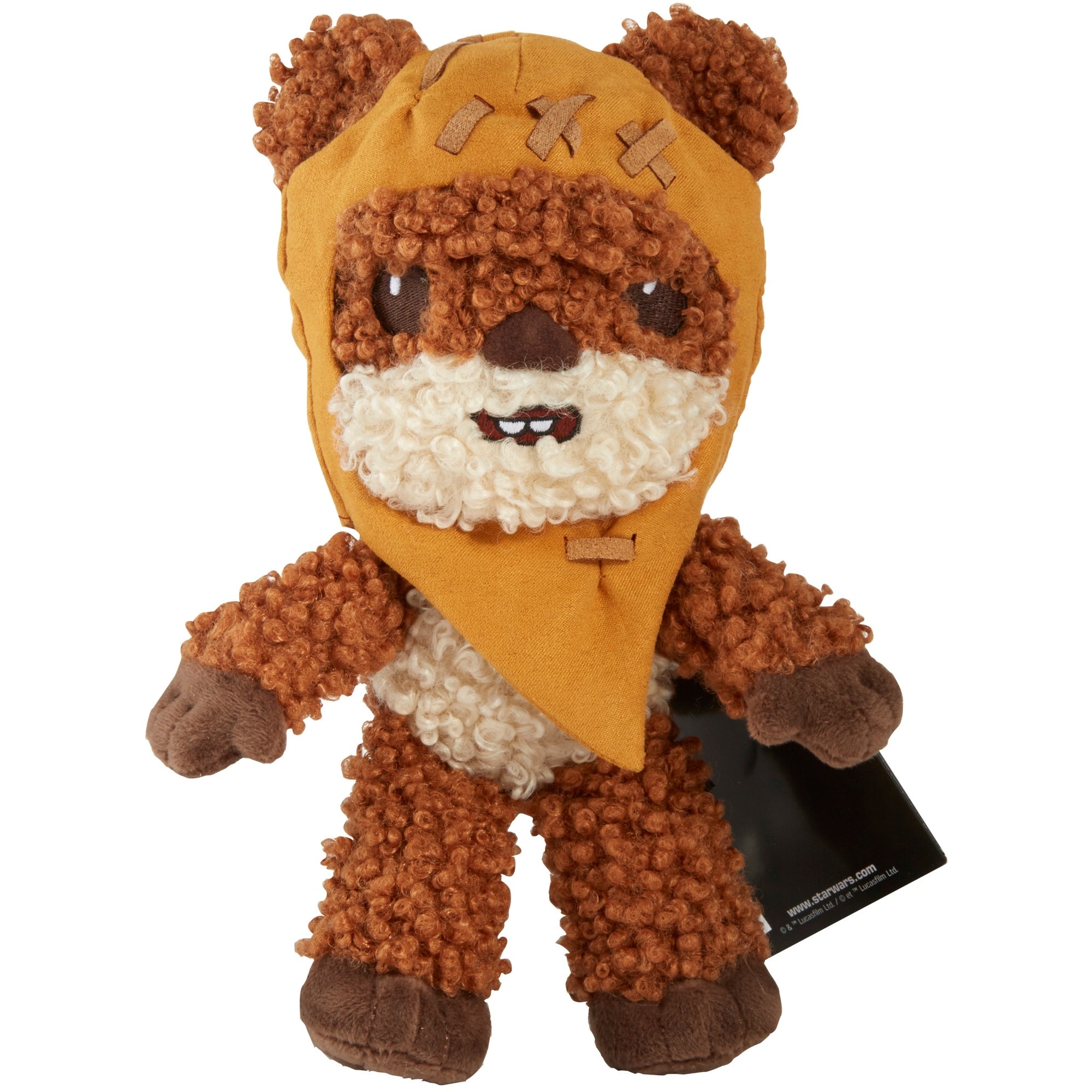 The Mattel Star Wars 8in Plushie features curly brown and cream fur, a stitched light brown hood, and a small black side tag—perfect for Star Wars fans and collectors of 8-inch plush figures.