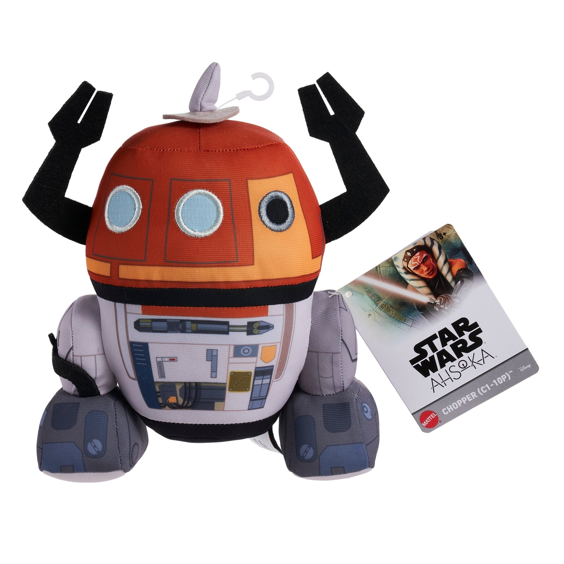 The Mattel Star Wars 8in Plushie features Chopper the droid from Star Wars: Ahsoka, with orange, gray, and black details. It sits upright and includes a tag with the Star Wars: Ahsoka logo and Chopper’s image.