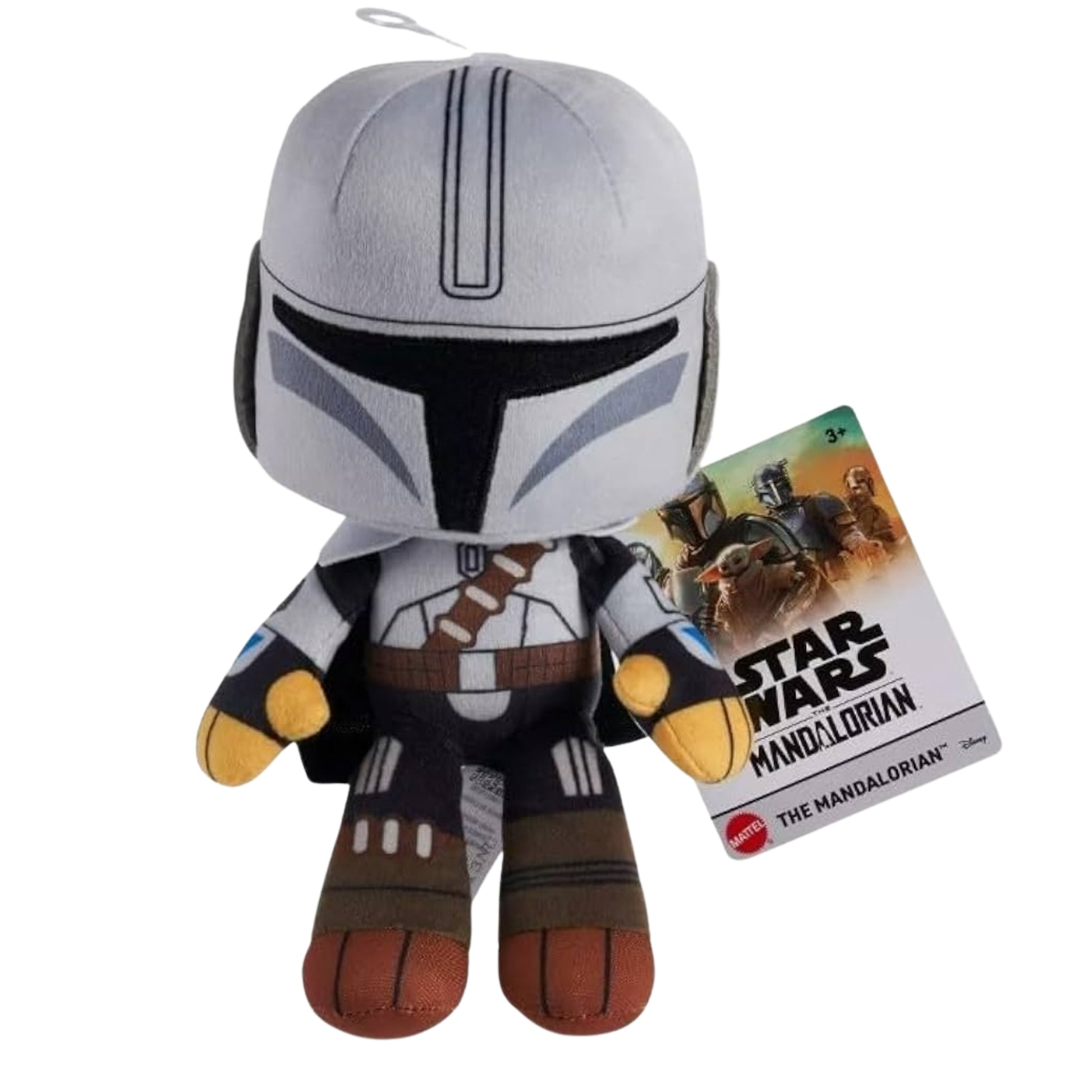 The Mattel Star Wars 8in Plushie features the Mandalorian with helmet and armor details, plus a Star Wars: The Mandalorian tag. This collectible seated plush has cartoon-like features, perfect for any Star Wars fan.
