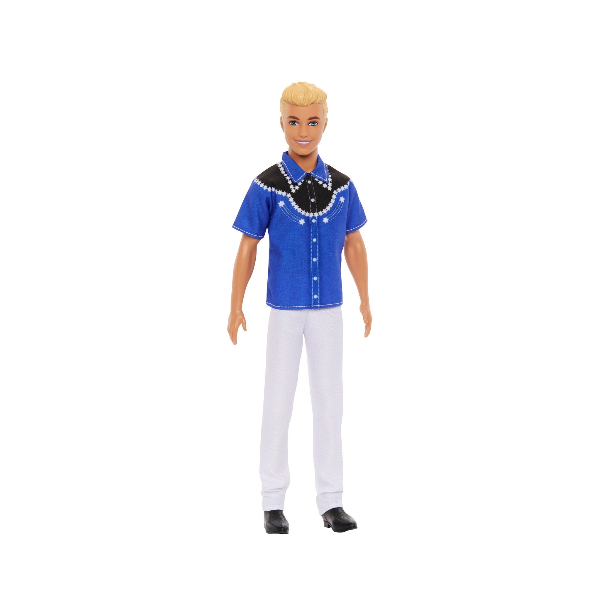The Mattel Barbie Ken Fashionistas Doll is shown against a plain white background, featuring a blonde male doll in a blue short-sleeve button-up shirt with black and white details, paired with white pants and black shoes.