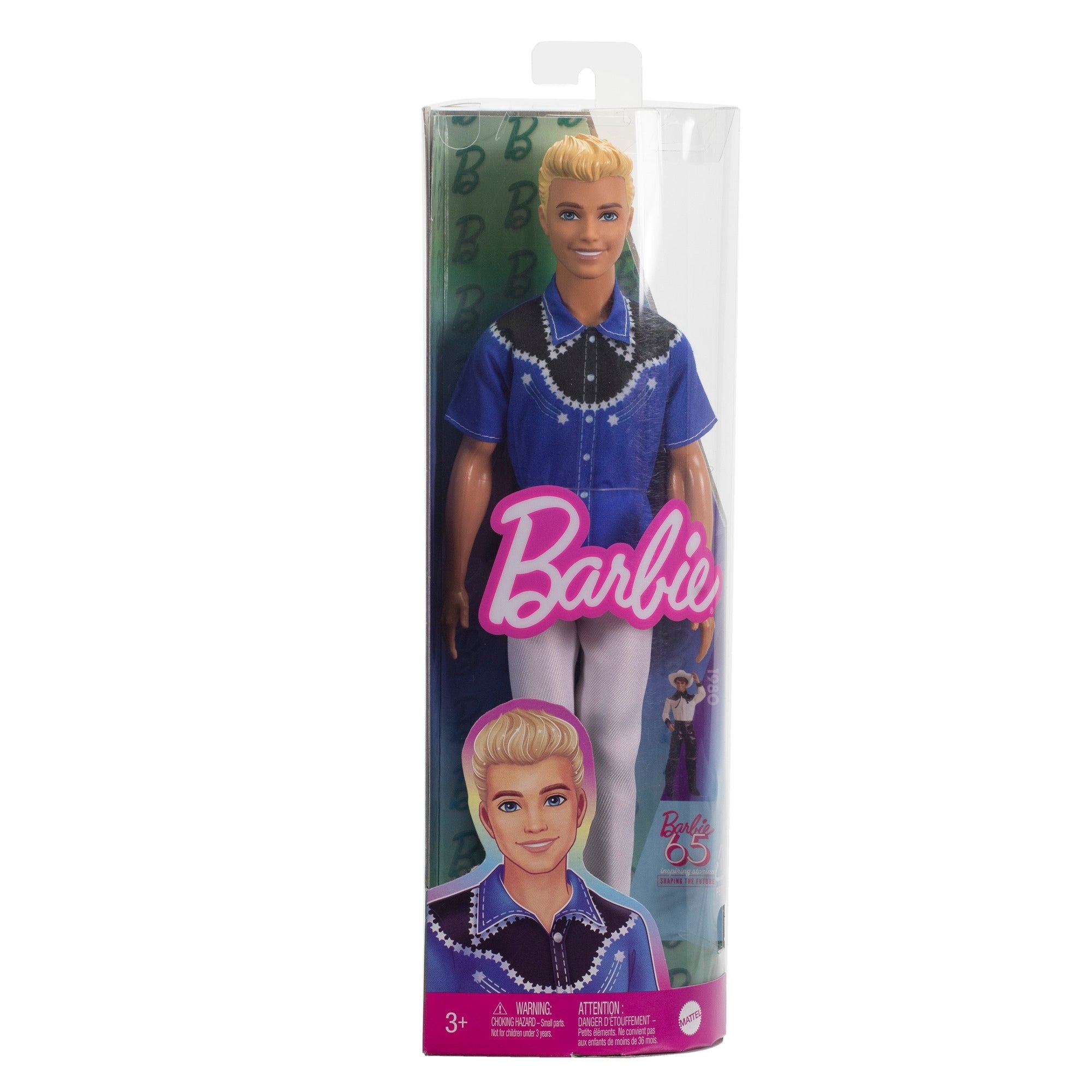 The Mattel Barbie Ken Fashionistas Doll comes in original packaging, dressed in a blue button-up shirt with white trim and light pants. The box displays the Barbie logo and Ken’s illustration. Ideal for ages 3+, perfect for Barbie fans.