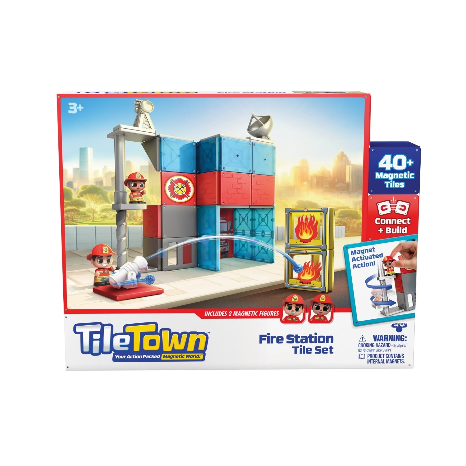 TileTown Fire Station Tile Set packaging with toy figures and magnetic tiles on a white background