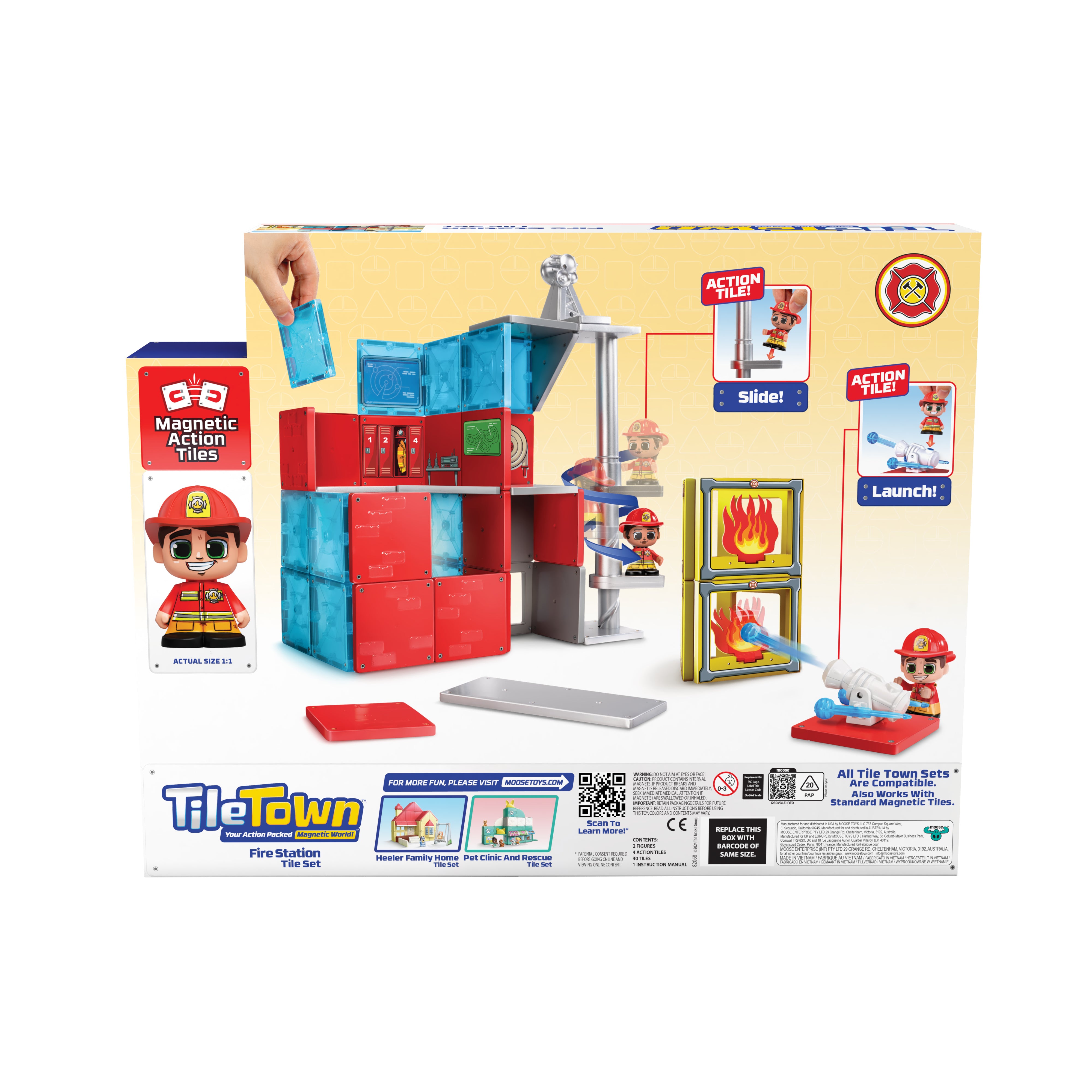 TileTown Fire Station toy set packaging with colorful tiles and figures on a white background