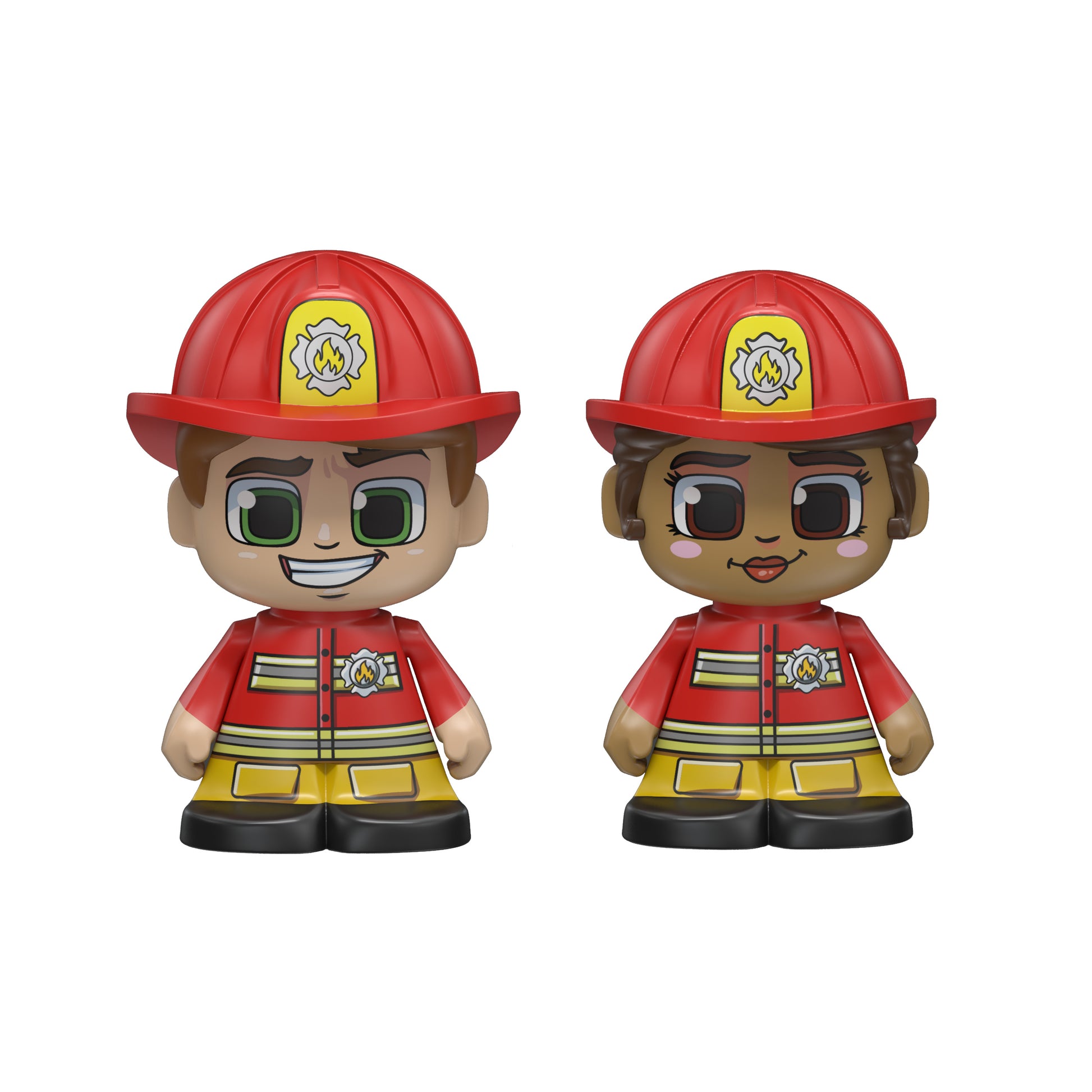 Two toy figures of firefighters wearing red uniforms and helmets on a white background