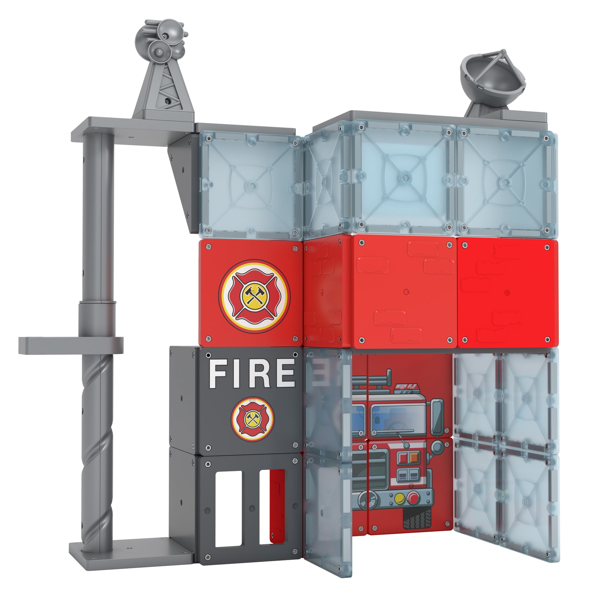 Children's playset designed like a fire station with red and gray colors.